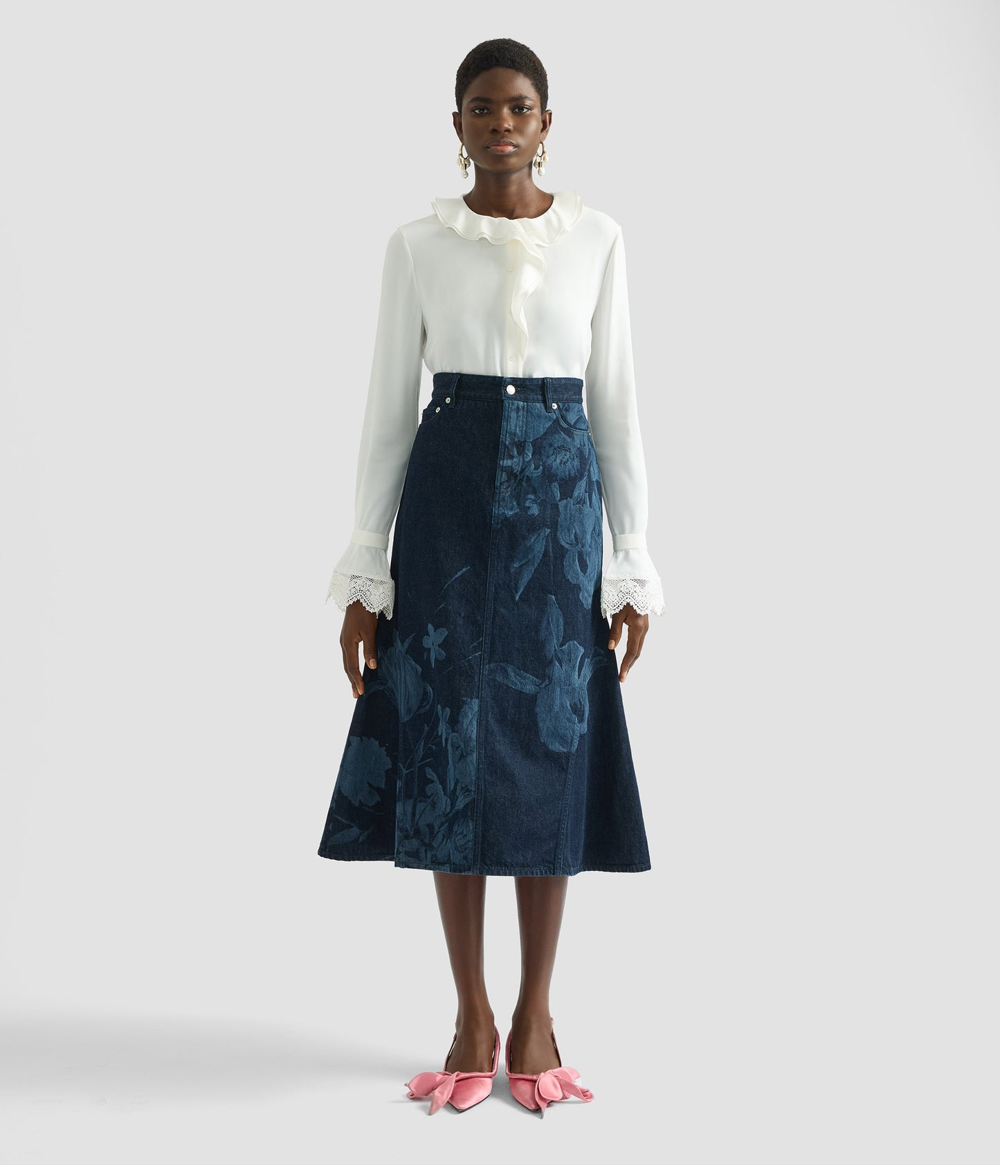 Printed Denim Flared Midi Skirt