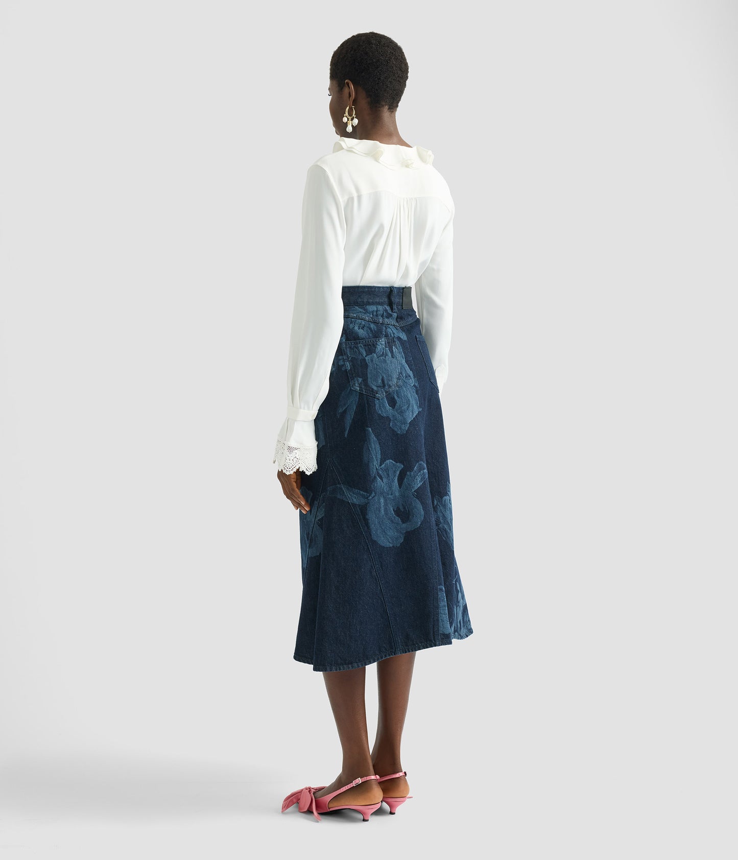 Printed Denim Flared Midi Skirt
