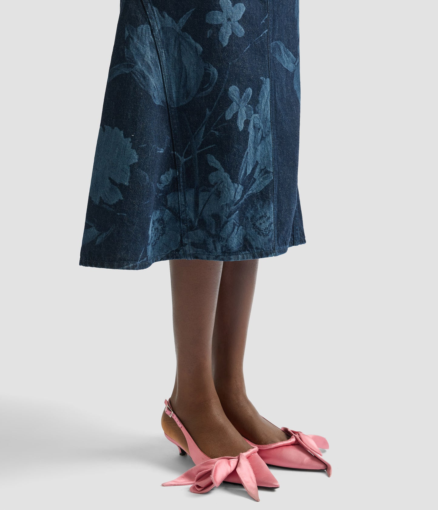 Printed Denim Flared Midi Skirt