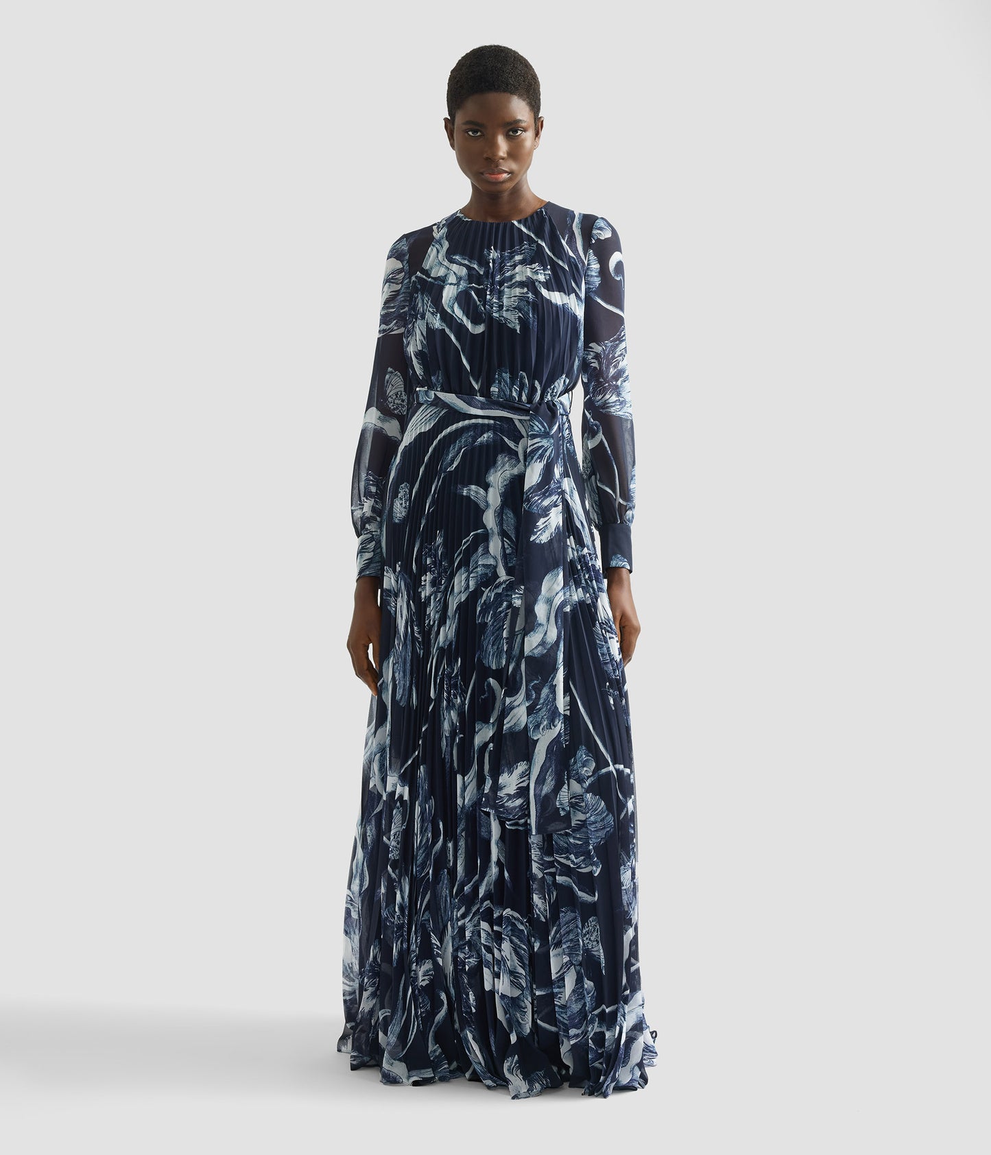 Floral Print Voile Long Sleeve Gown