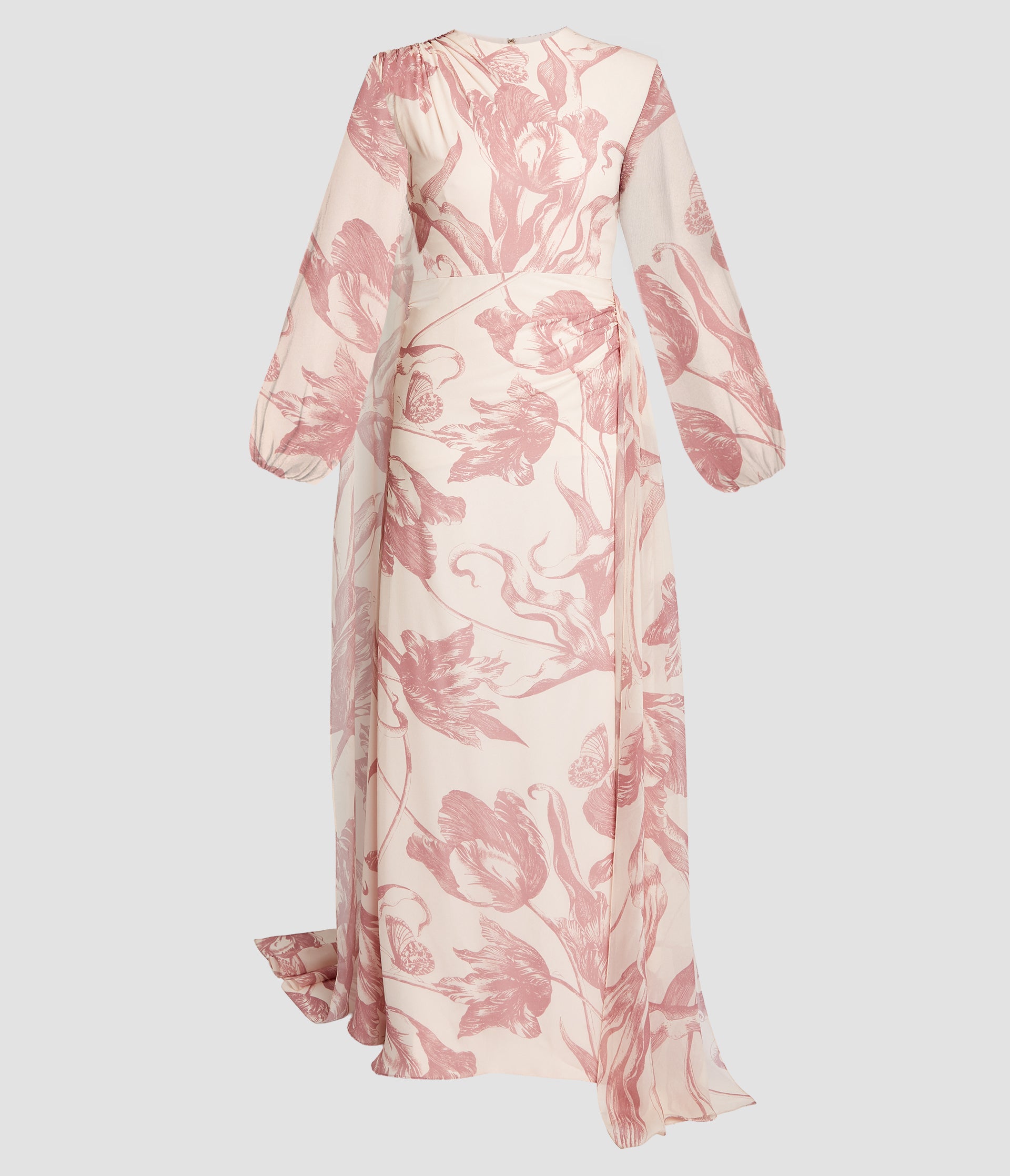 Draped Floral Print Silk Voile Gown
