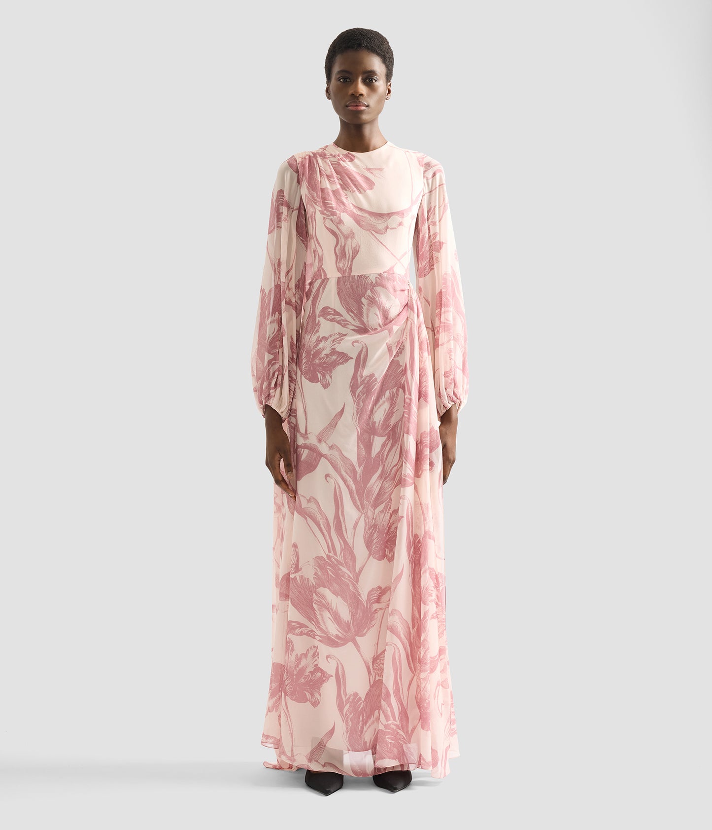 Draped Floral Print Silk Voile Gown