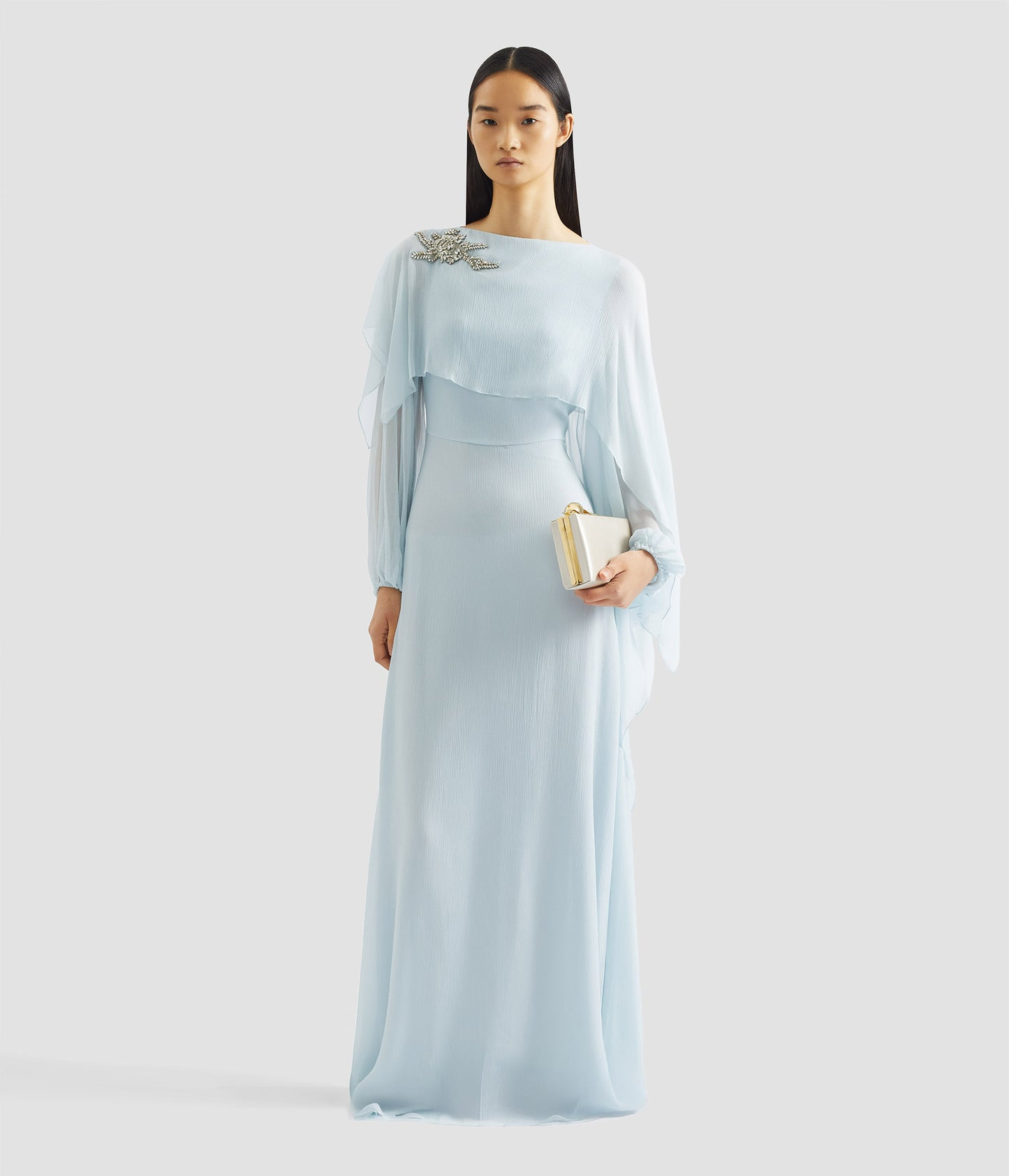 Embellished Silk Creponne Long Sleeve Gown