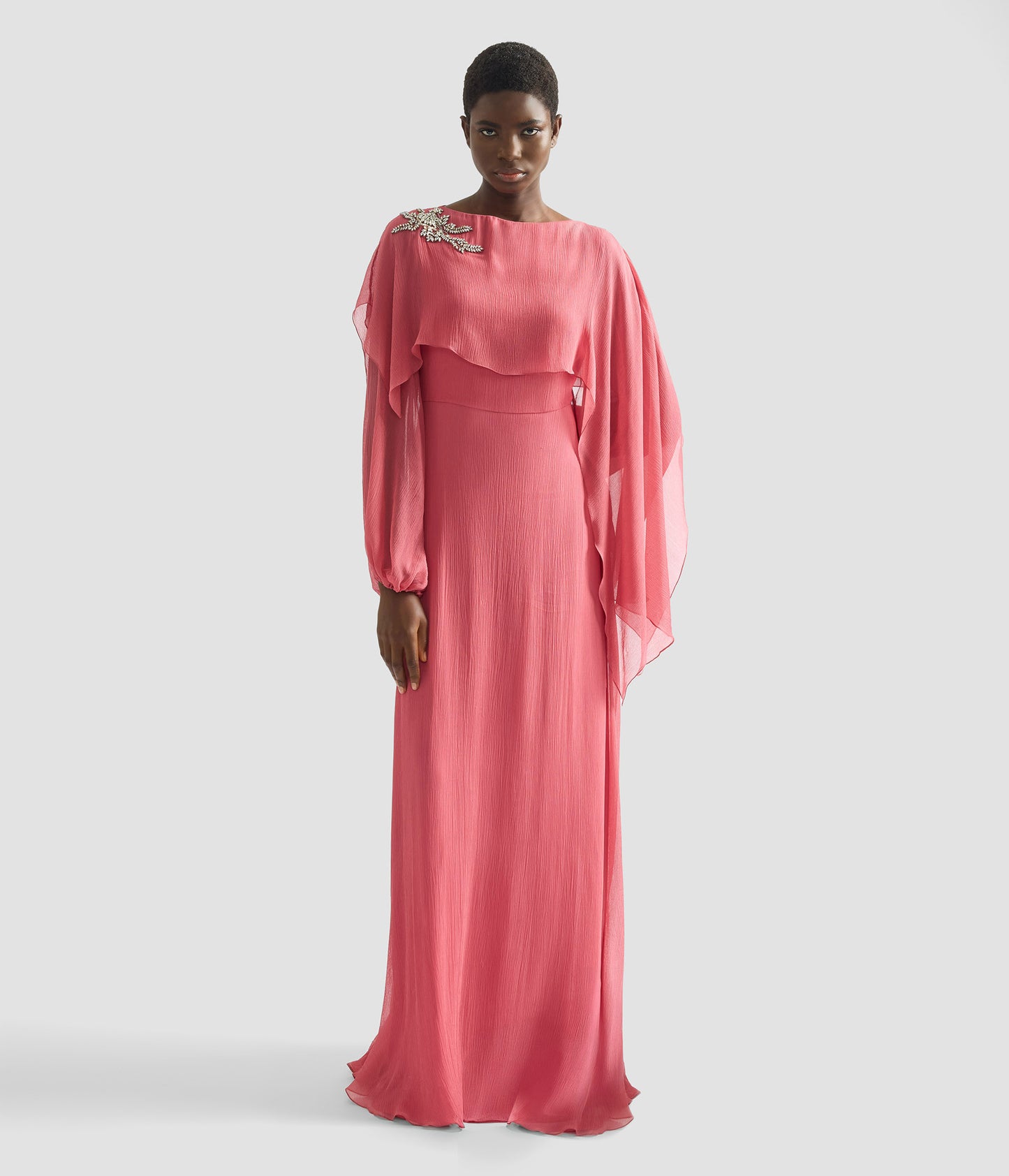 Embellished Silk Creponne Long Sleeve Gown