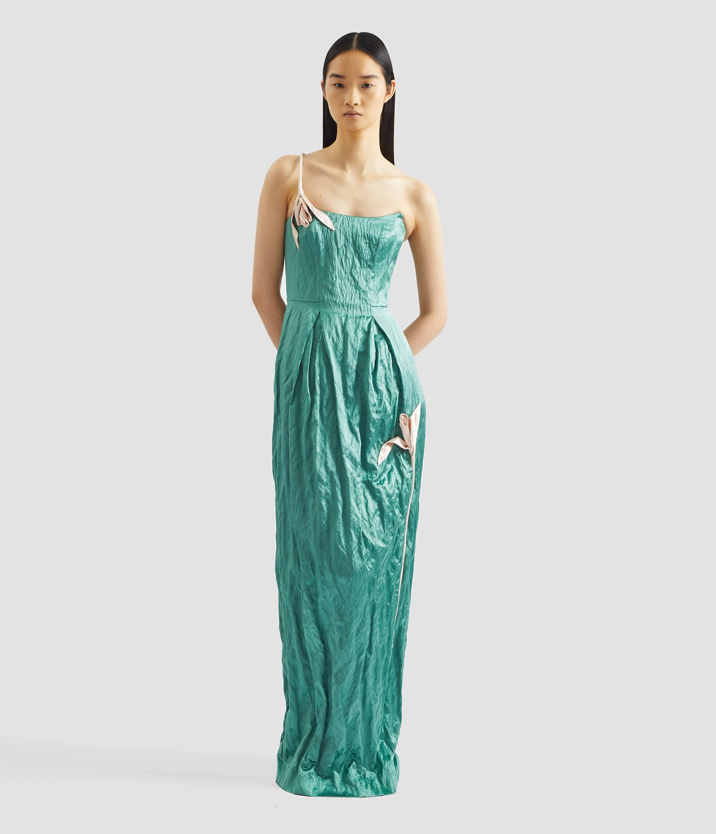 Embroidered Textured Satin Sleeveless Gown