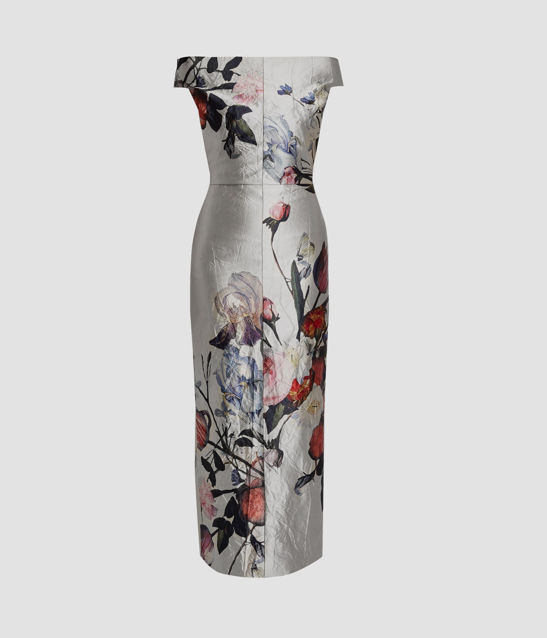 Floral Print Textured Satin Off Shoulder Gown