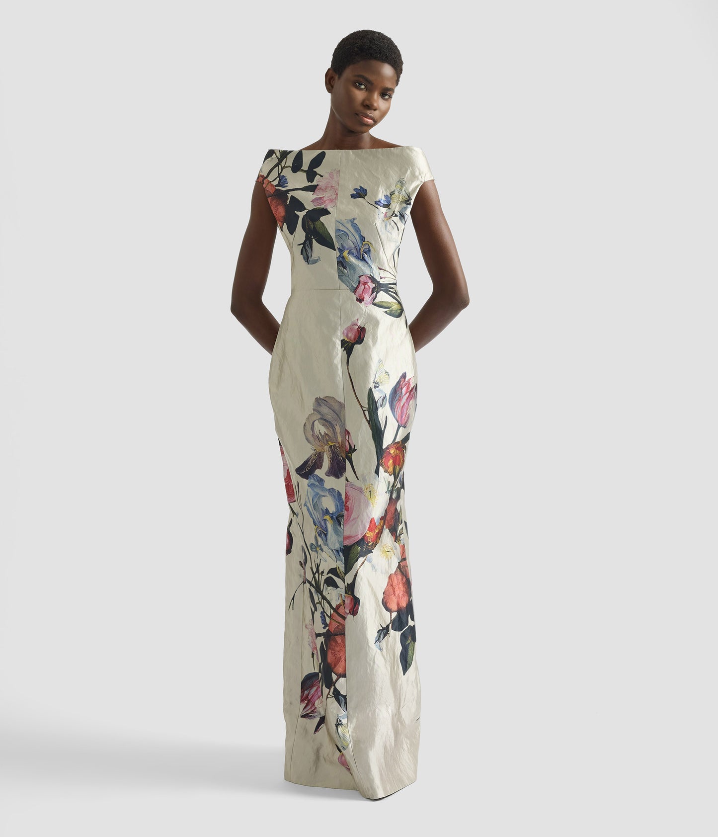 Floral Print Textured Satin Off-The-Shoulder Gown