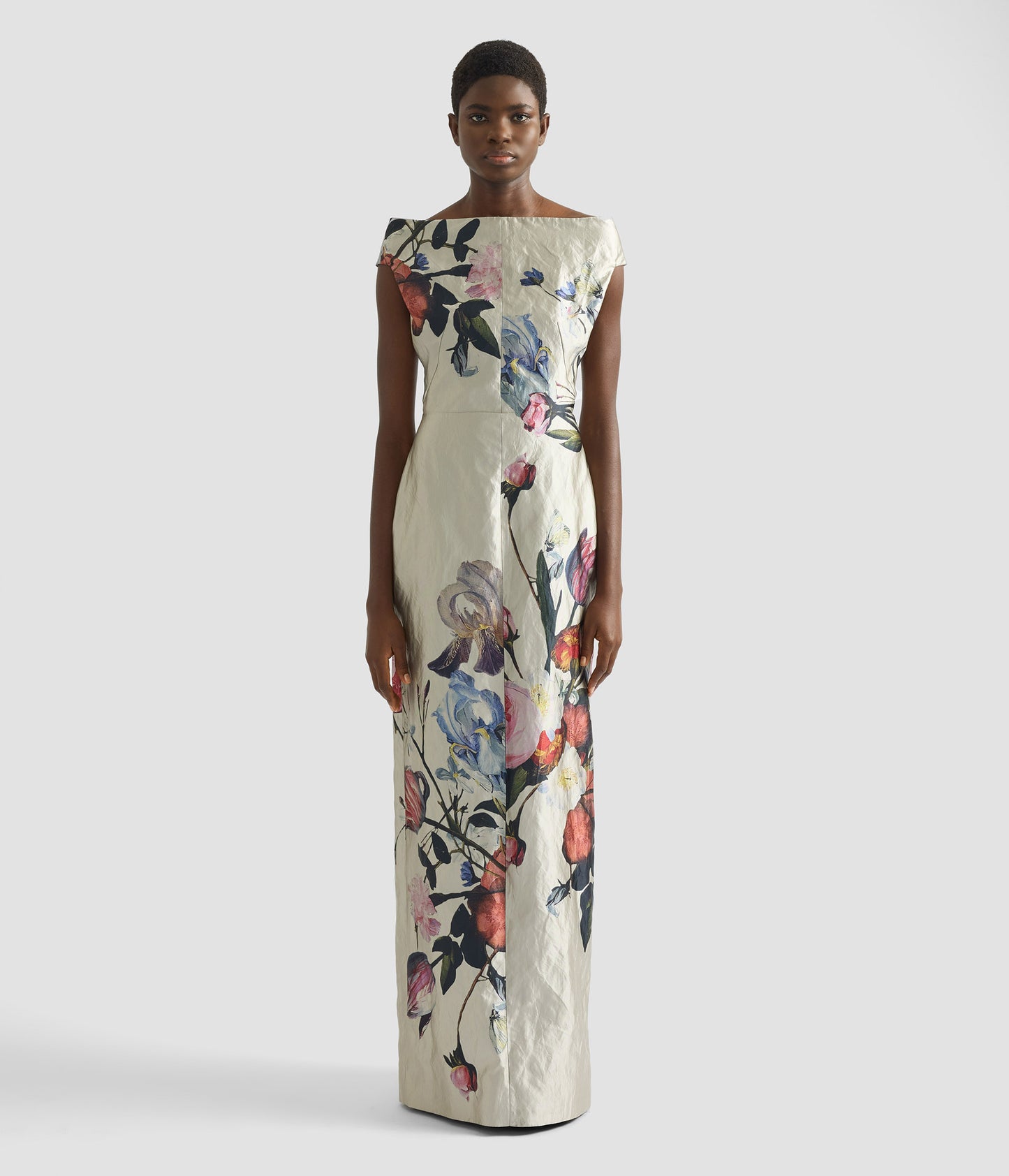 Floral Print Textured Satin Off-The-Shoulder Gown