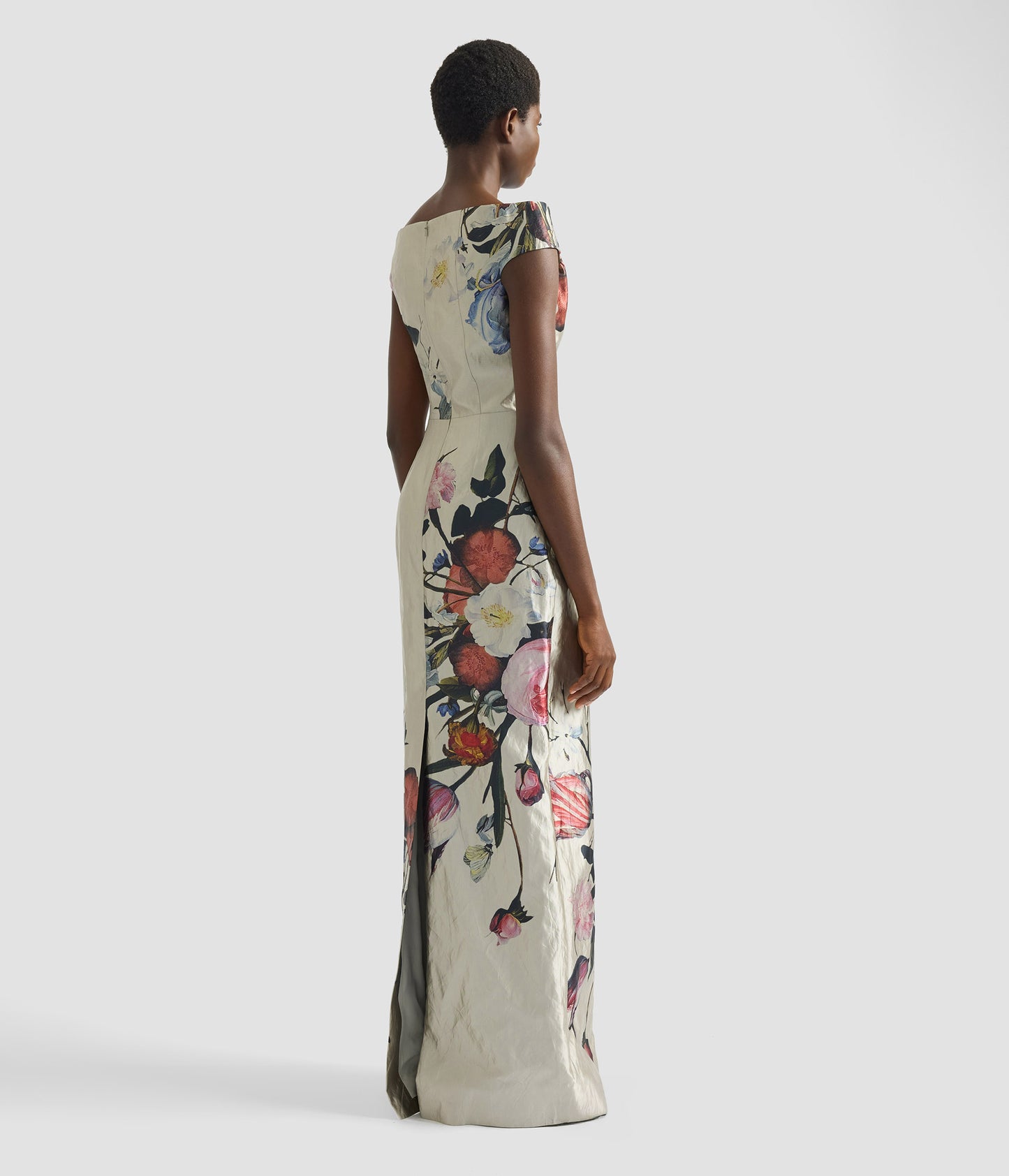 Floral Print Textured Satin Off-The-Shoulder Gown