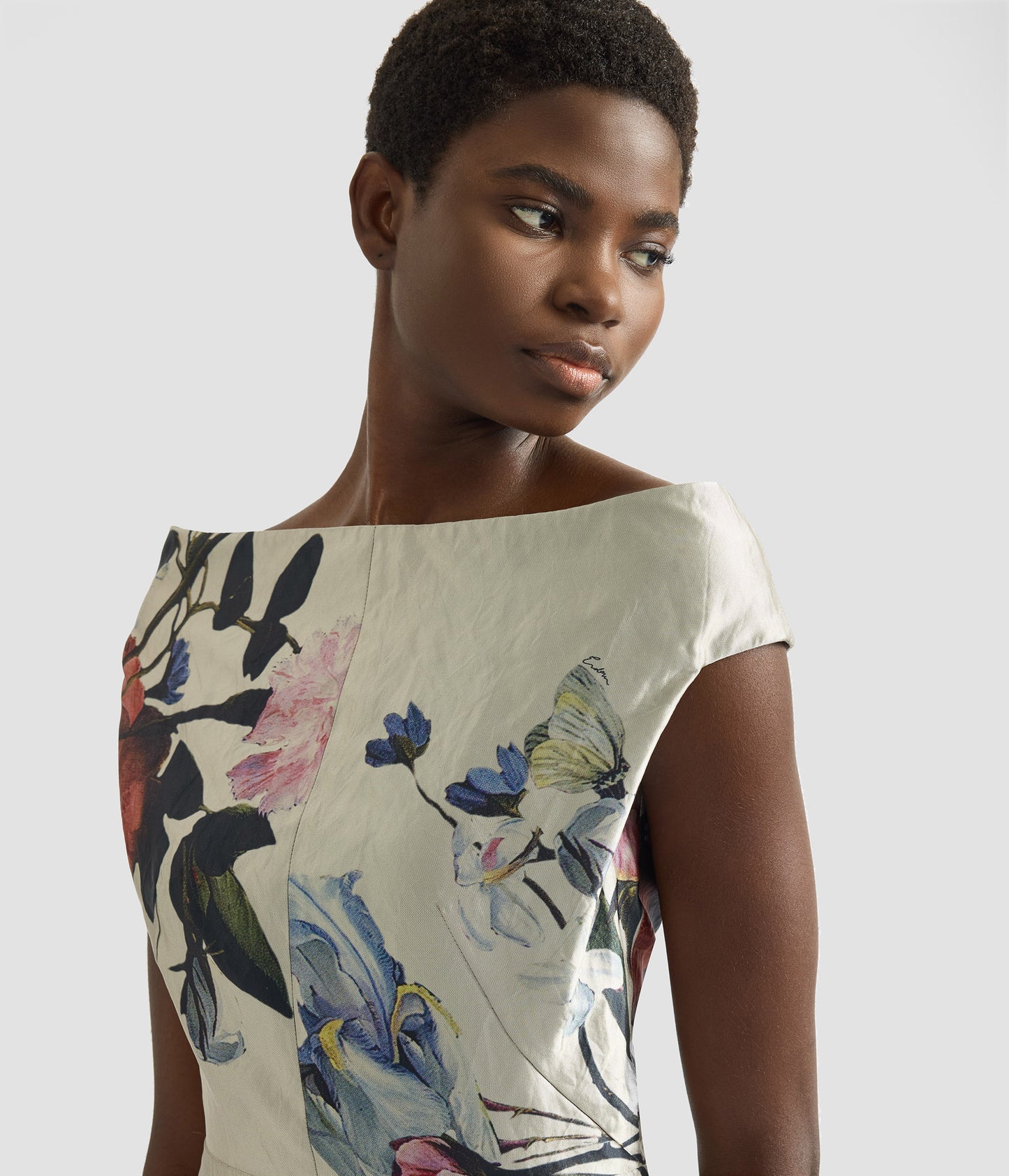 Floral Print Textured Satin Off-The-Shoulder Gown