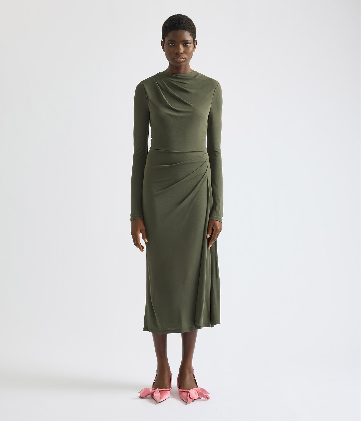 Fluid Crepe Jersey Long Sleeve Midi Dress
