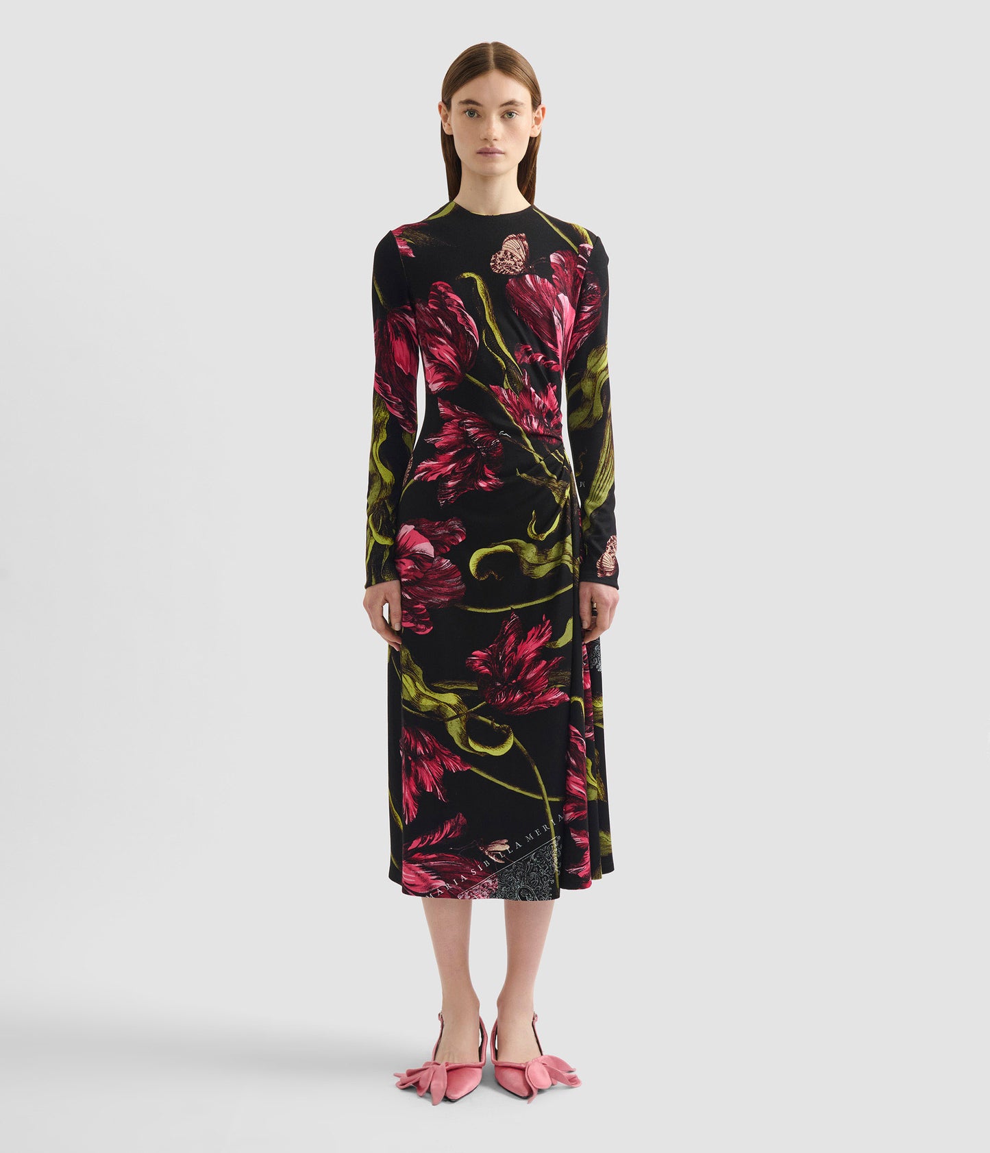 Floral Print Ponte Jersey Long Sleeve Midi Dress