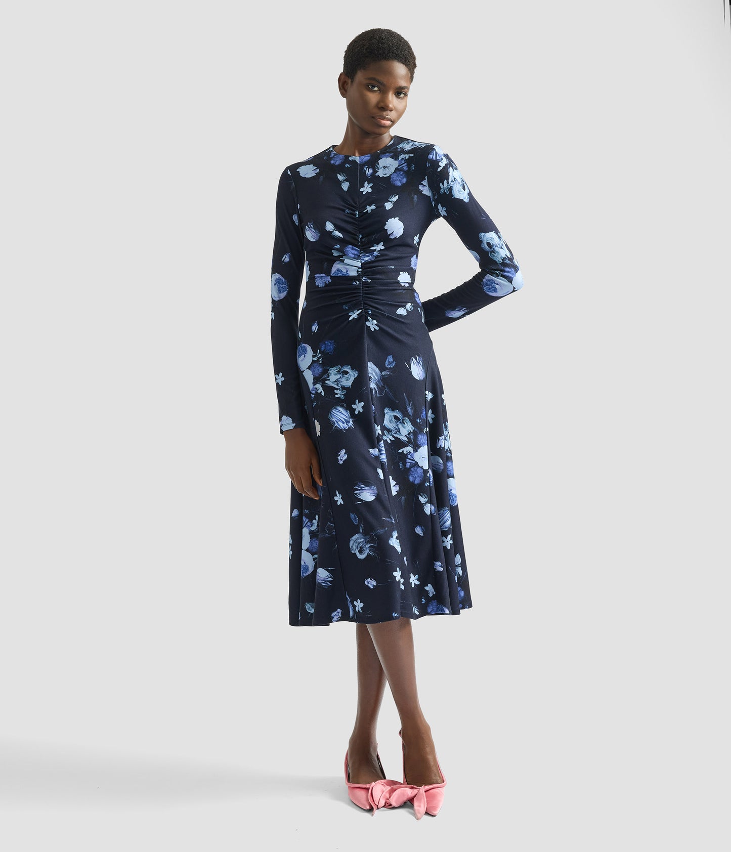 Floral Print Ponte Jersey Long Sleeve Midi Dress
