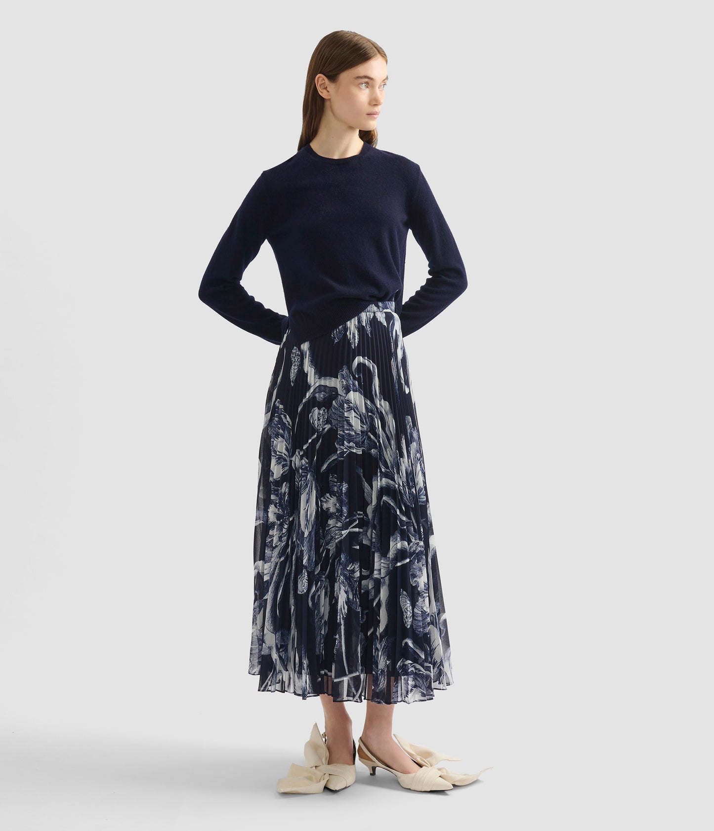 Floral Print Pleated Voile Midi Skirt