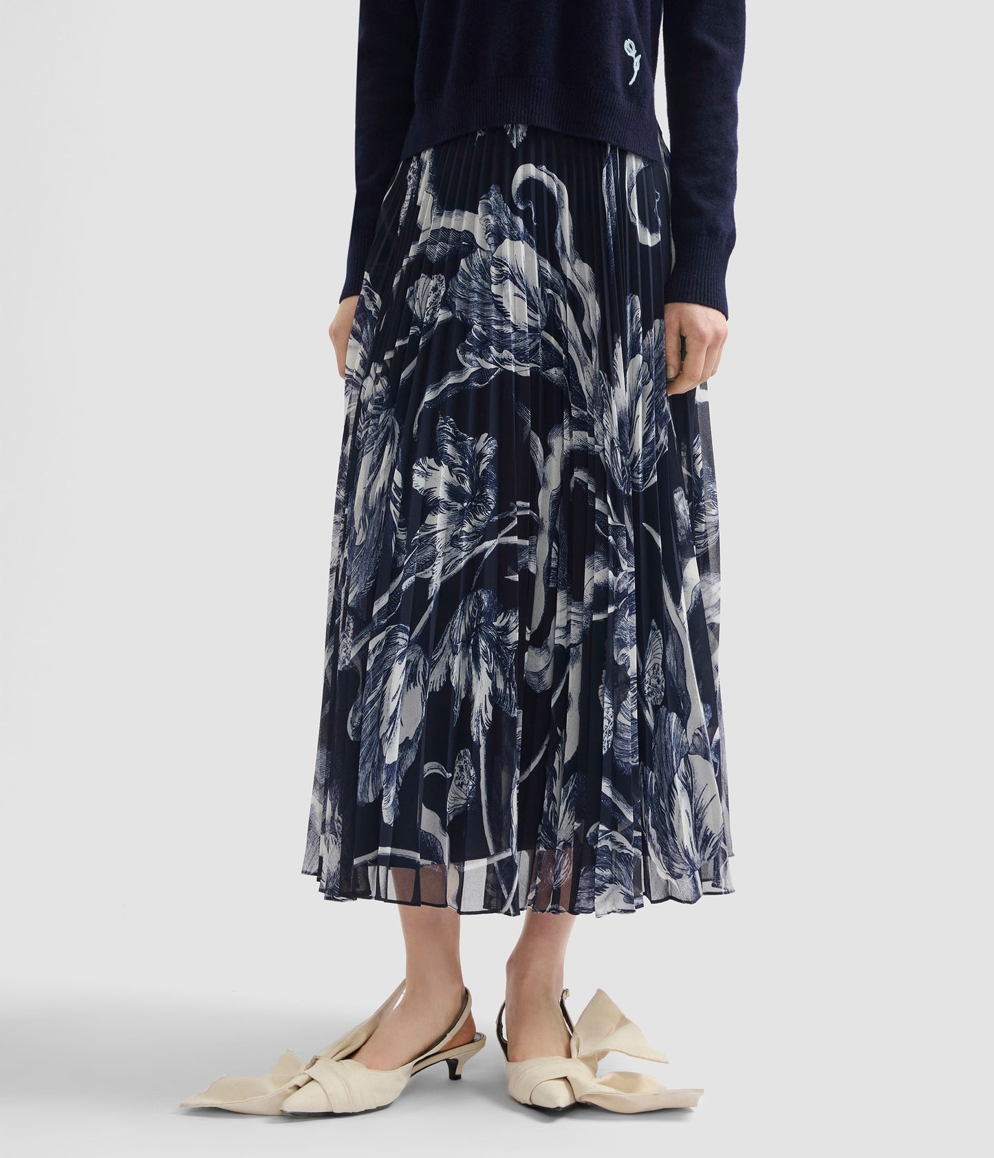 Floral Print Pleated Voile Midi Skirt