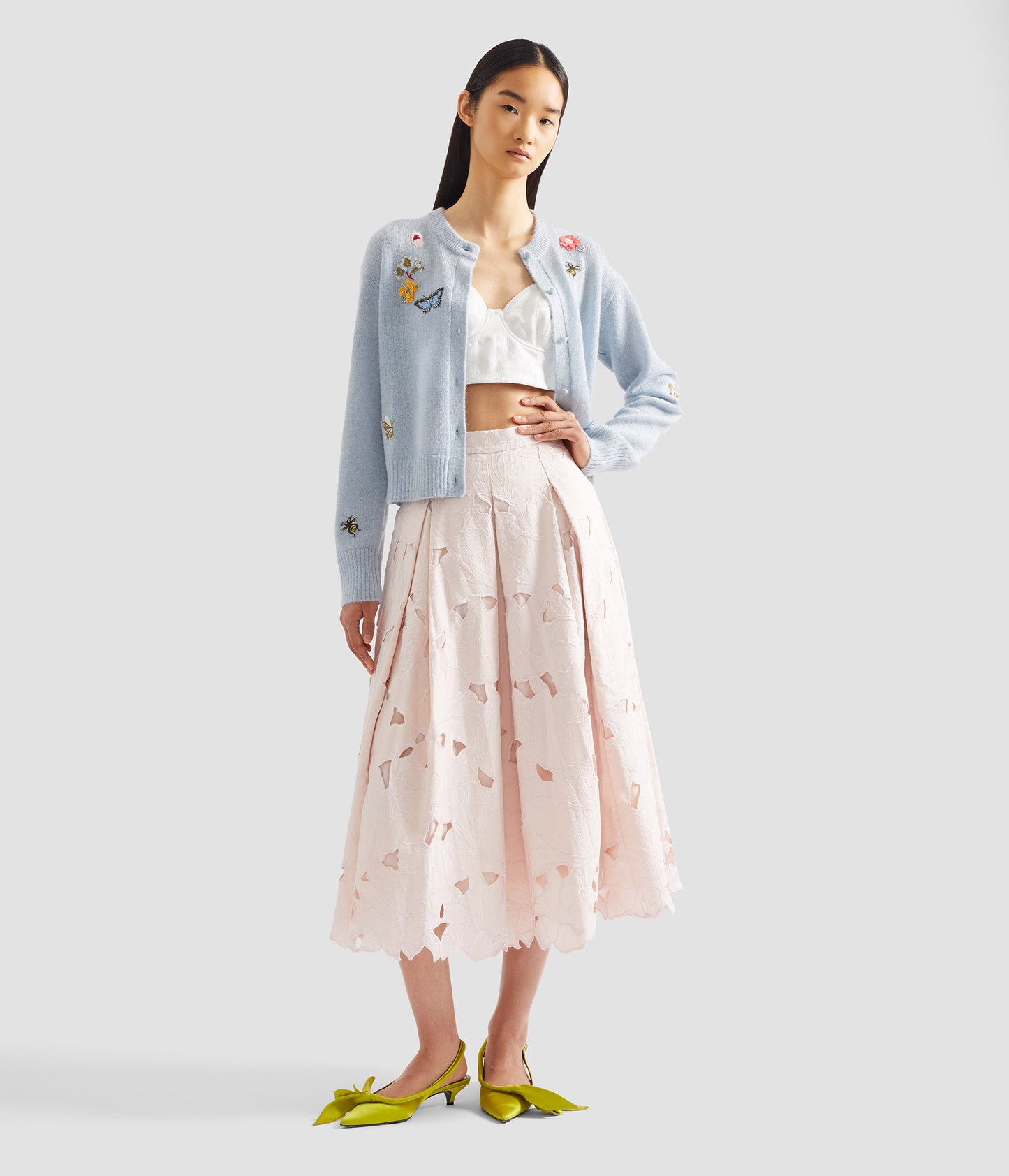 Floral Cutwork Pleated Midi Skirt