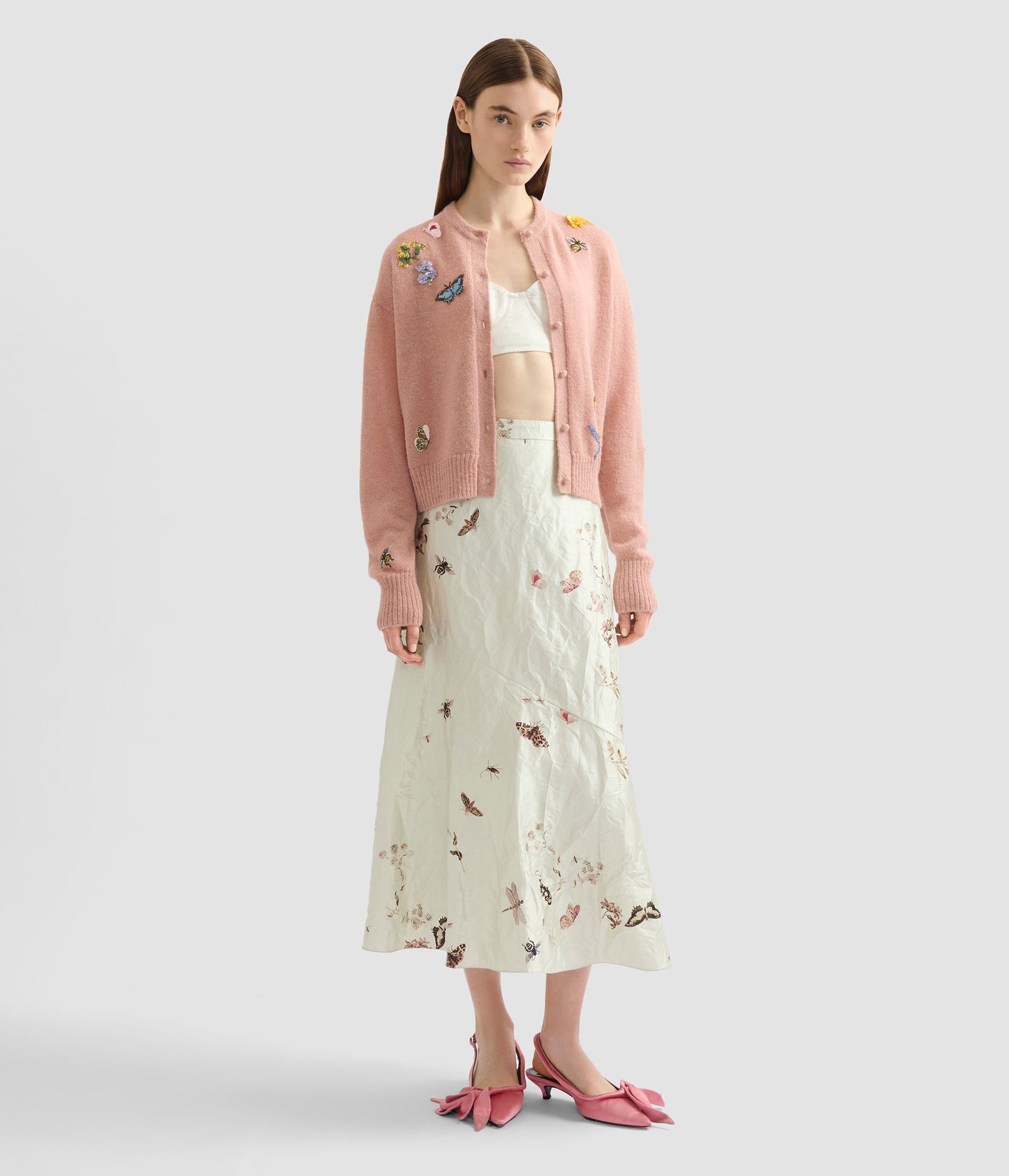 Printed Textured Satin A Line Midi Skirt