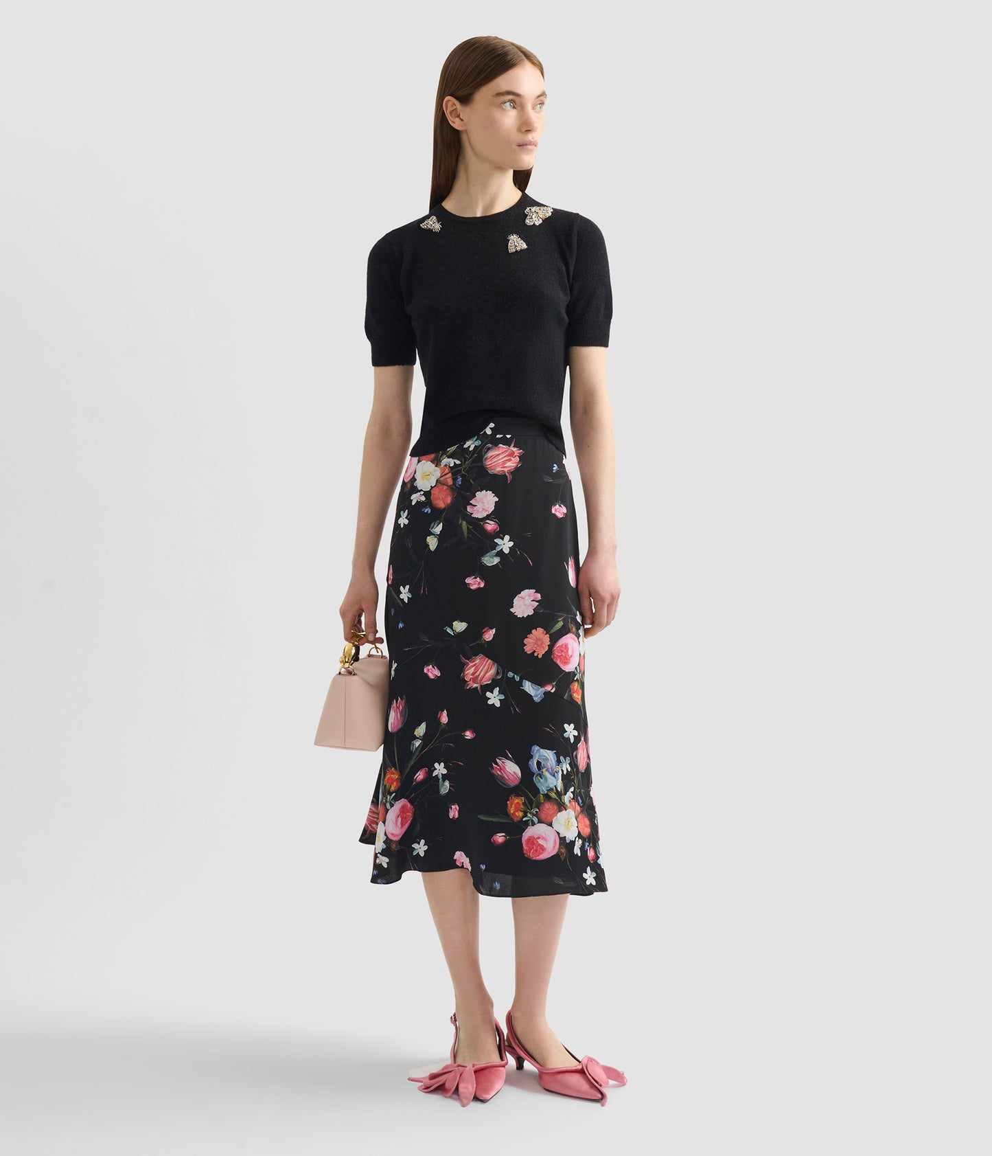 Floral Print Crepe A Line Midi Skirt
