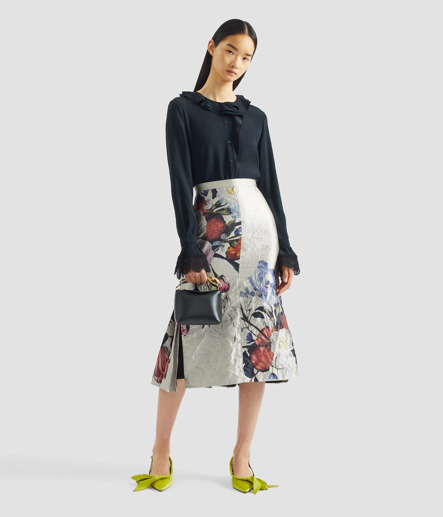 Floral Print Textured Satin Pencil Midi Skirt