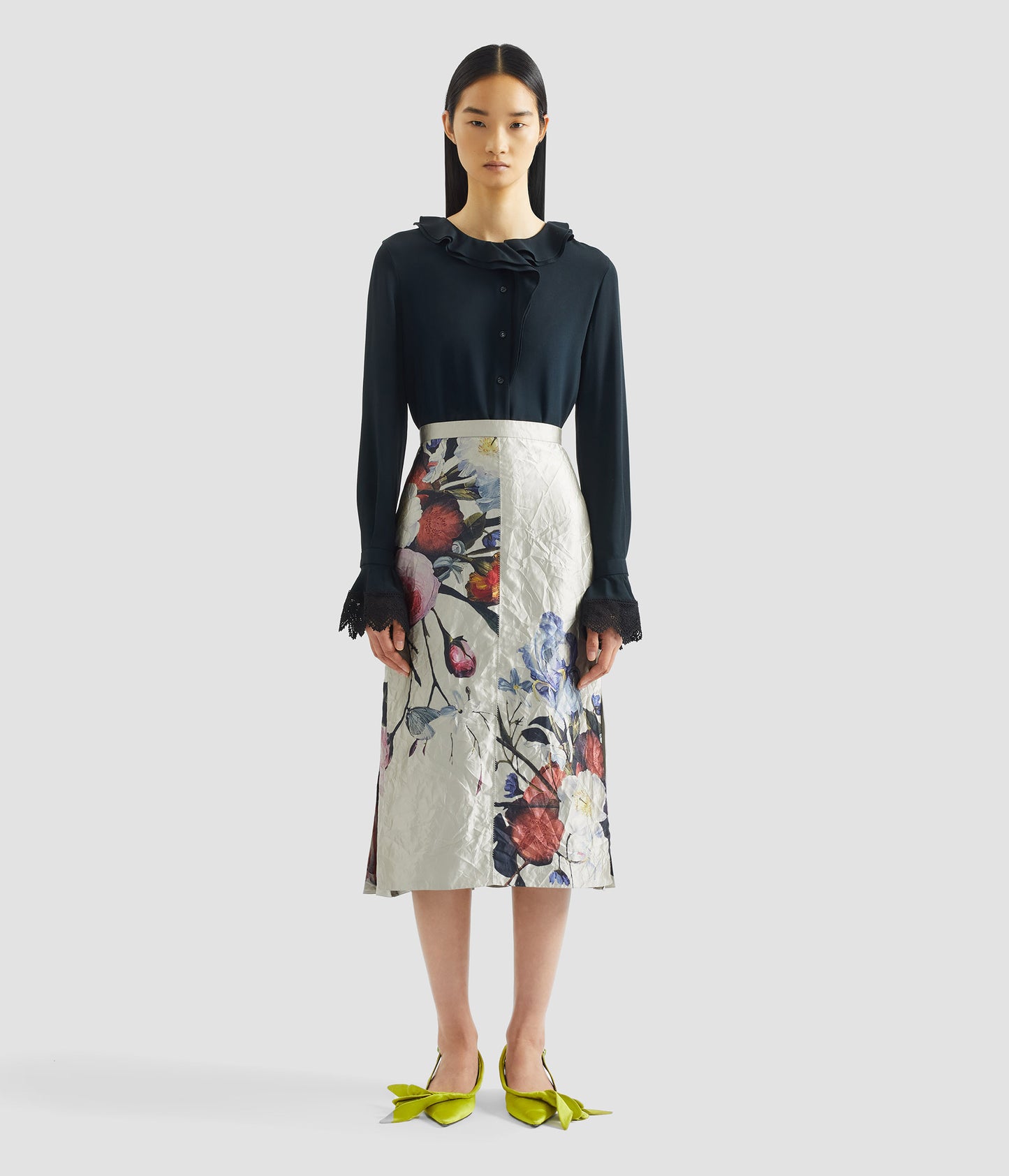 Floral Print Textured Satin Pencil Midi Skirt