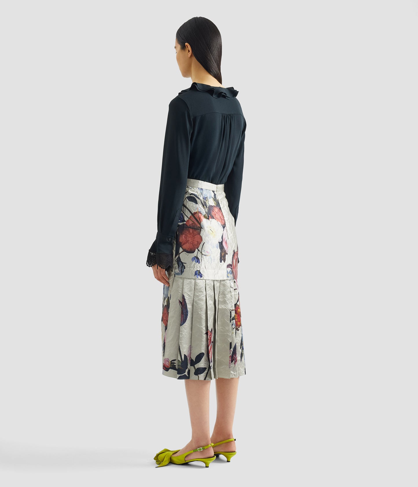 Floral Print Textured Satin Pencil Midi Skirt