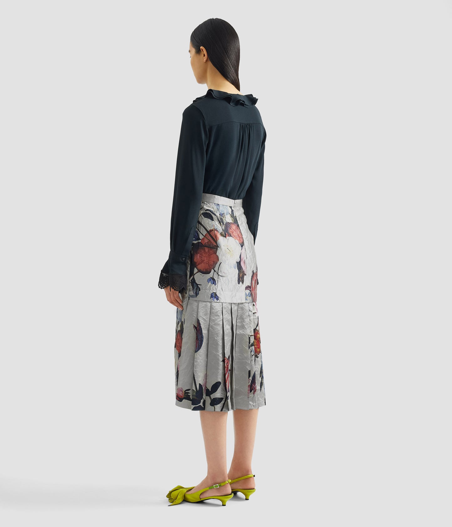 Floral Print Textured Satin Pencil Midi Skirt