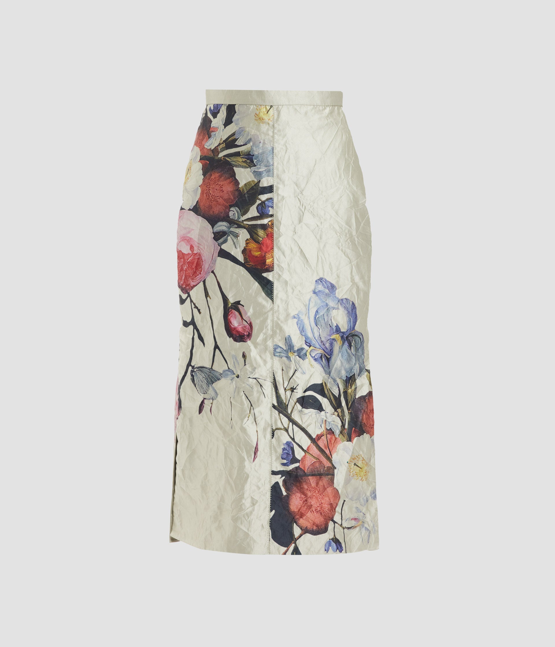 Floral Print Textured Satin Pencil Midi Skirt