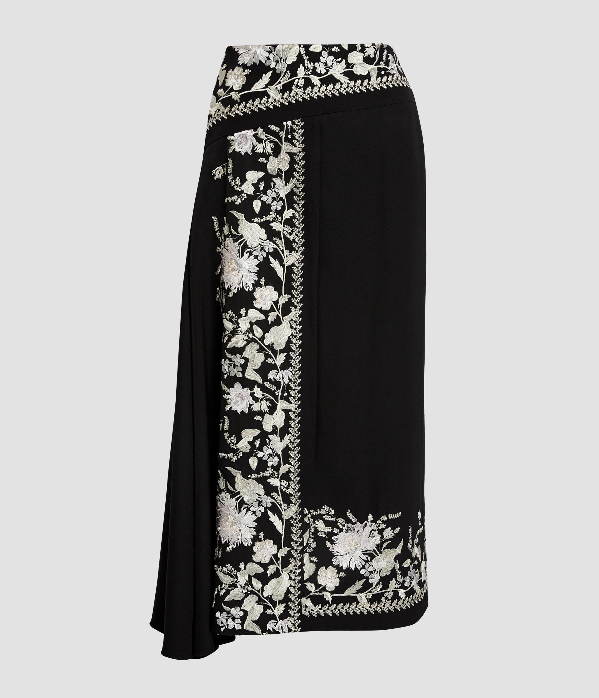 Embroidered Grain De Poudre Draped Midi Skirt
