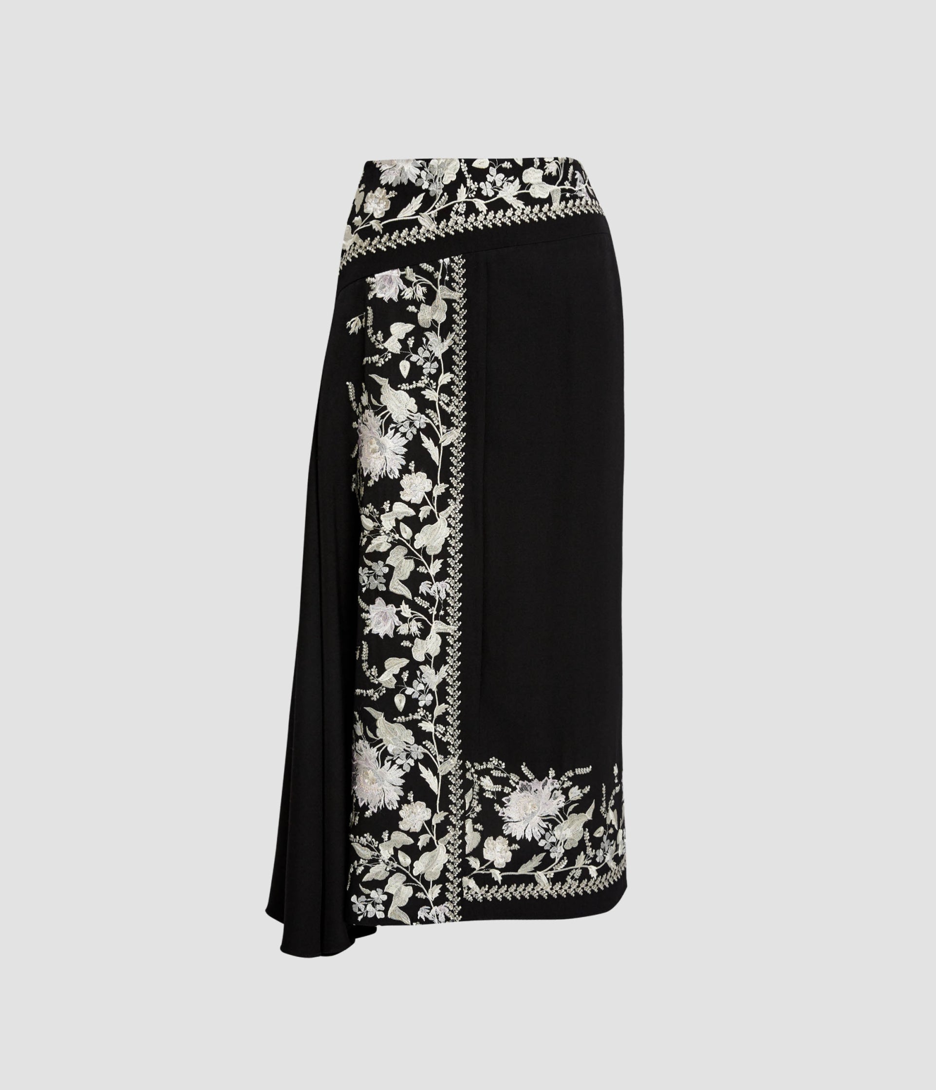 Embroidered Grain De Poudre Draped Midi Skirt