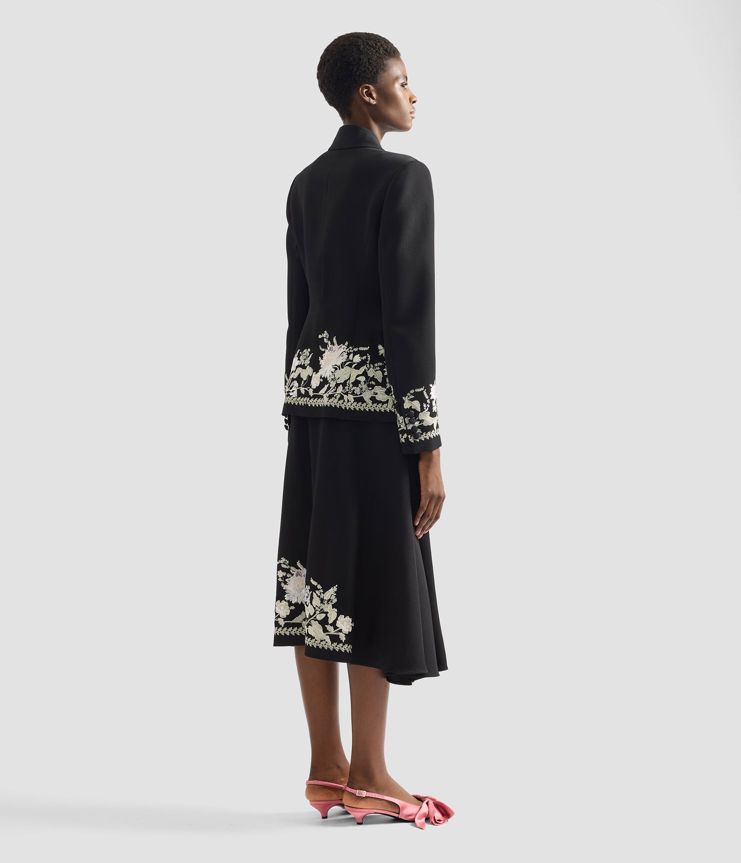 Embroidered Grain De Poudre Draped Midi Skirt