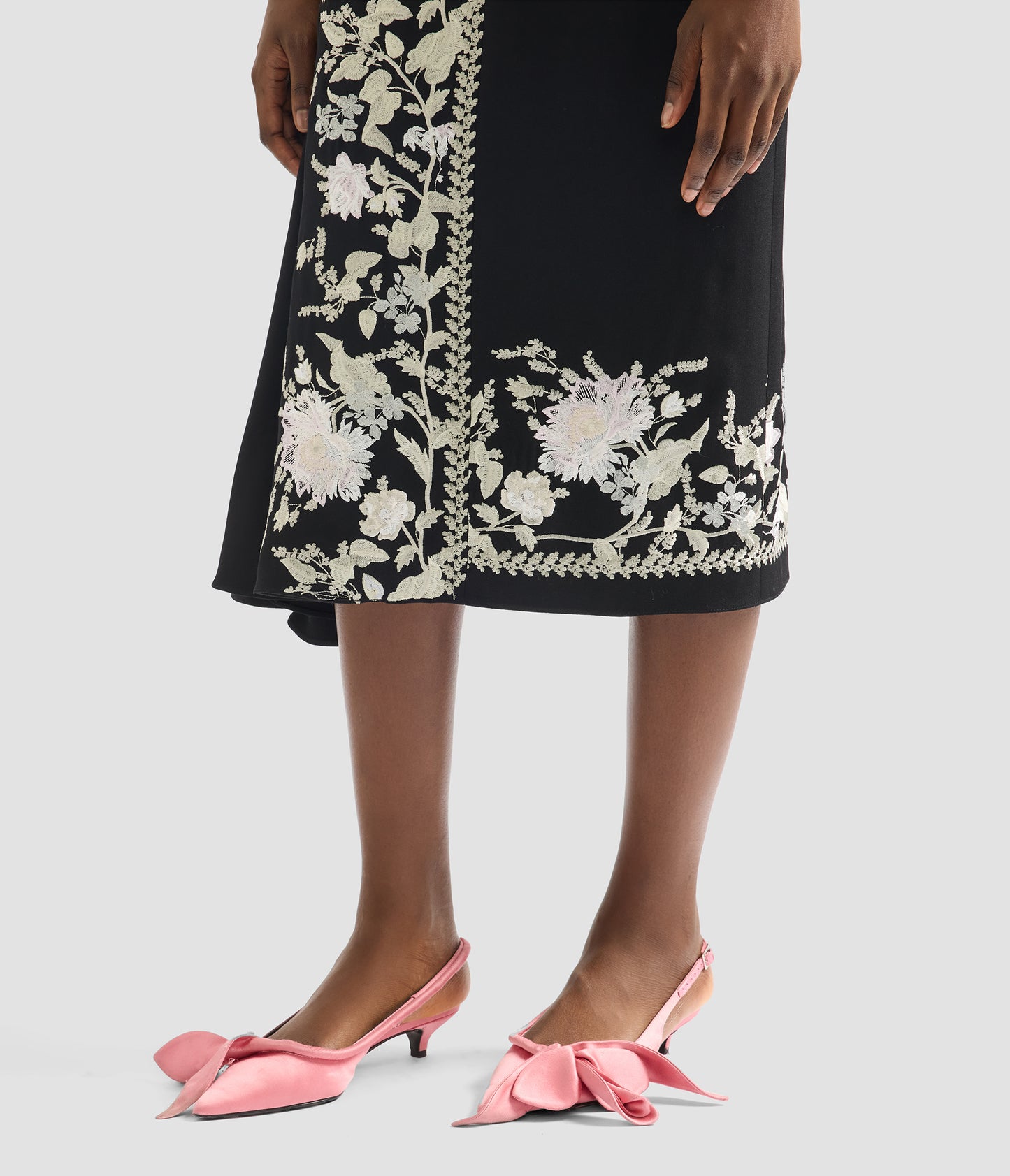 Embroidered Grain De Poudre Draped Midi Skirt