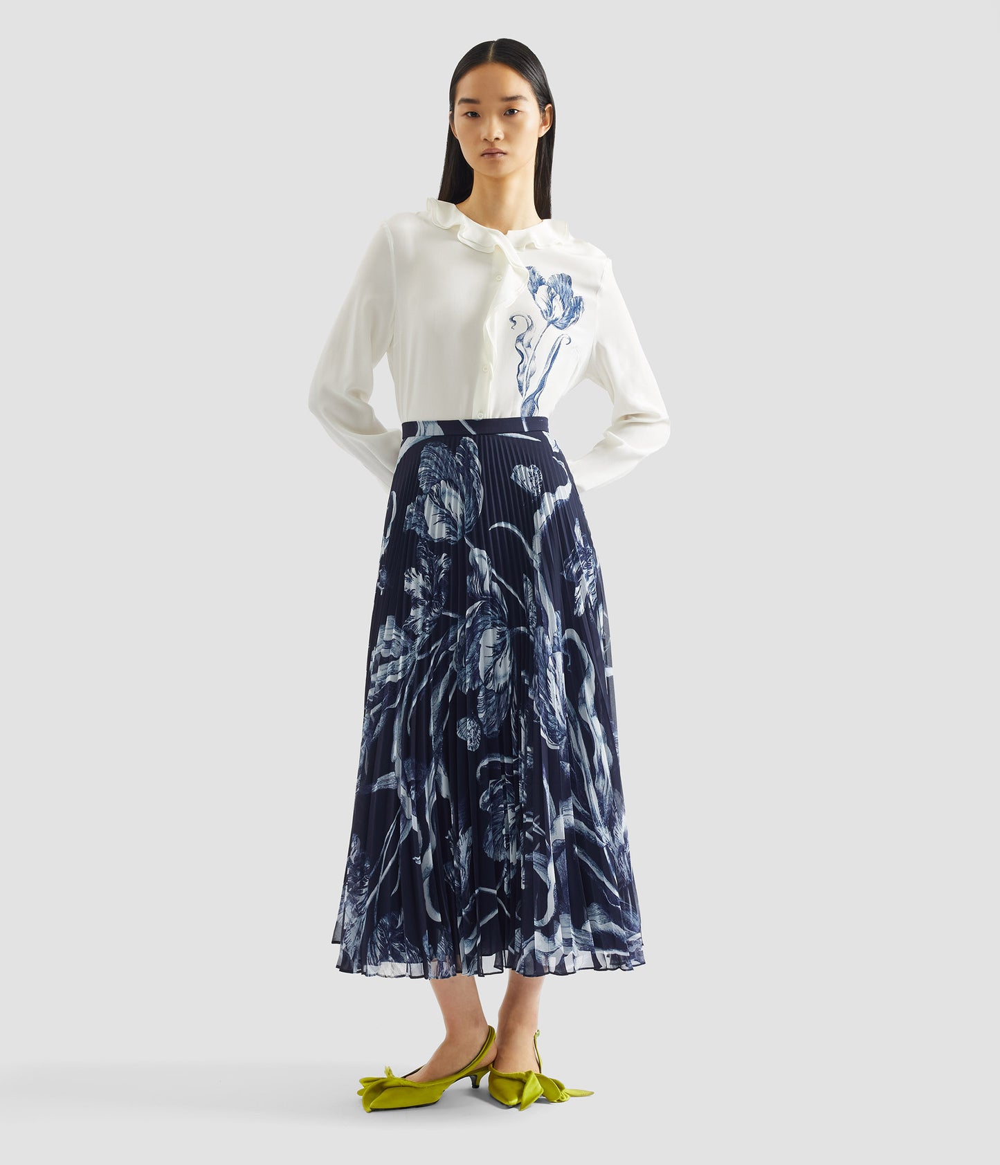 Floral Print Pleated Voile Midi Skirt