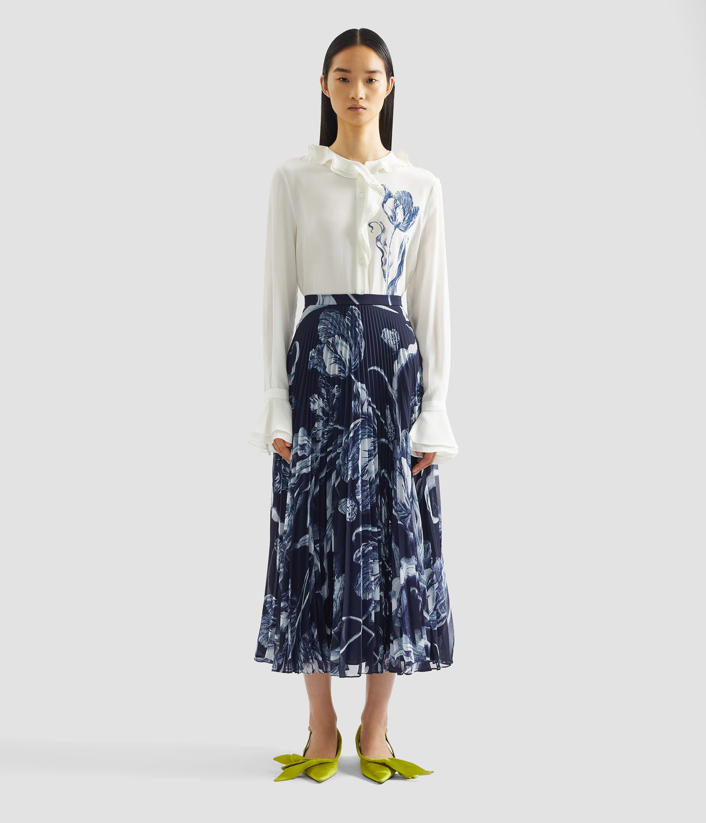 Floral Print Pleated Voile Midi Skirt