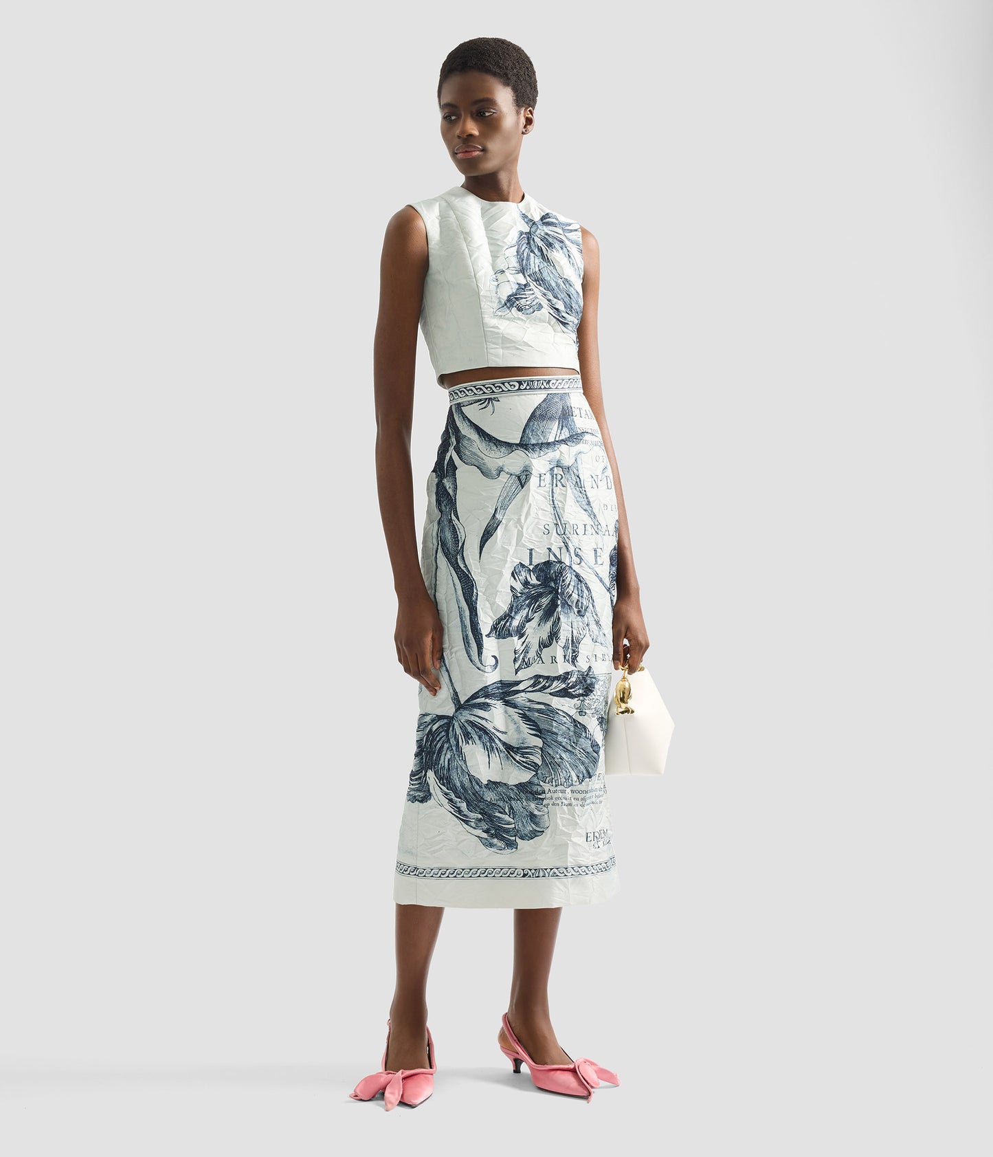 Floral Print Textured Satin Pencil Midi Skirt