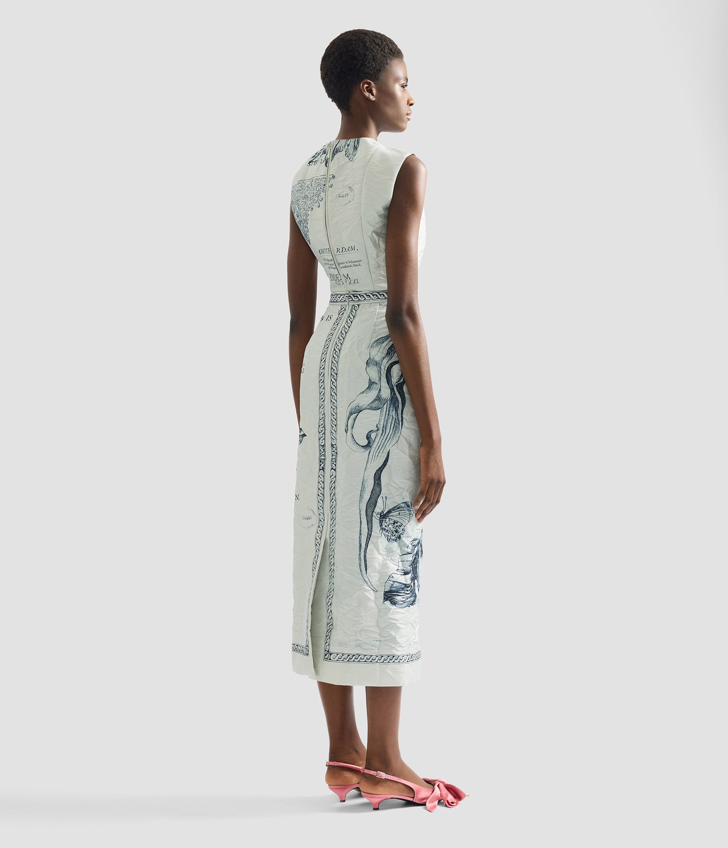 Floral Print Textured Satin Pencil Midi Skirt