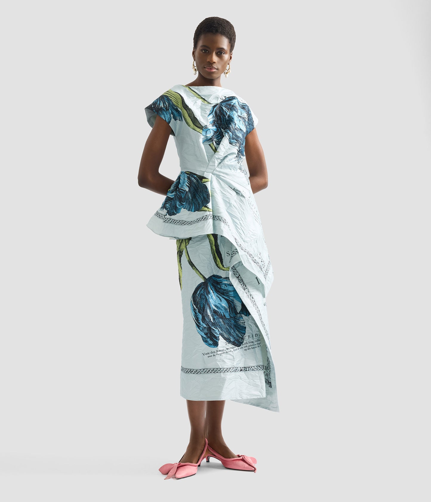 Floral Print Textured Satin Draped Midi Skirt