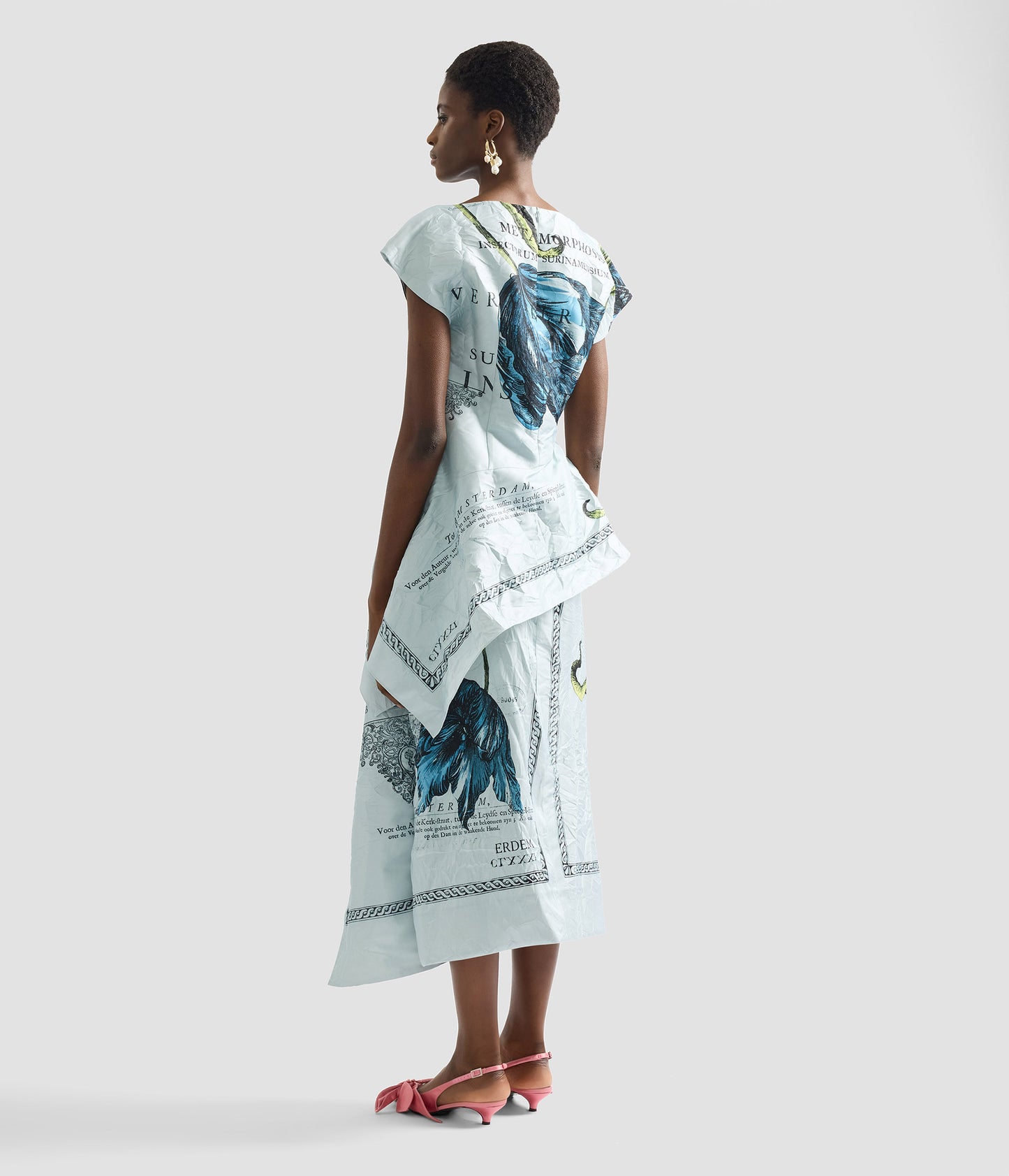 Floral Print Textured Satin Draped Midi Skirt