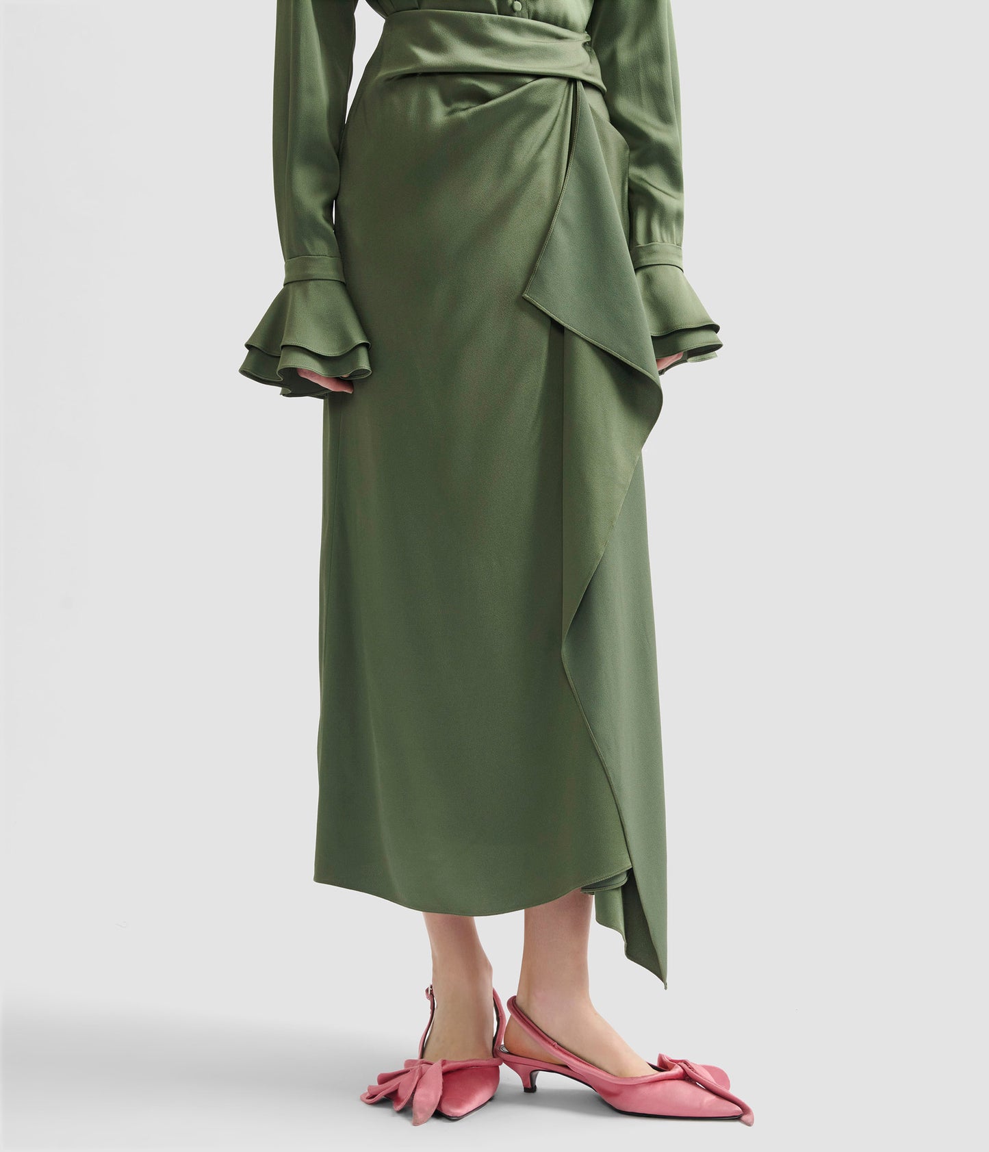 Satin Cady Draped Midi Skirt