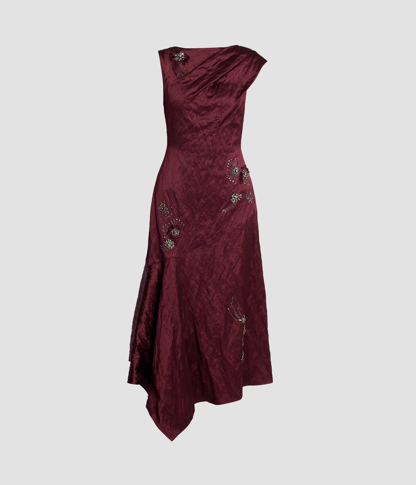 Embroidered Textured Satin Asymmetric Midi Dress