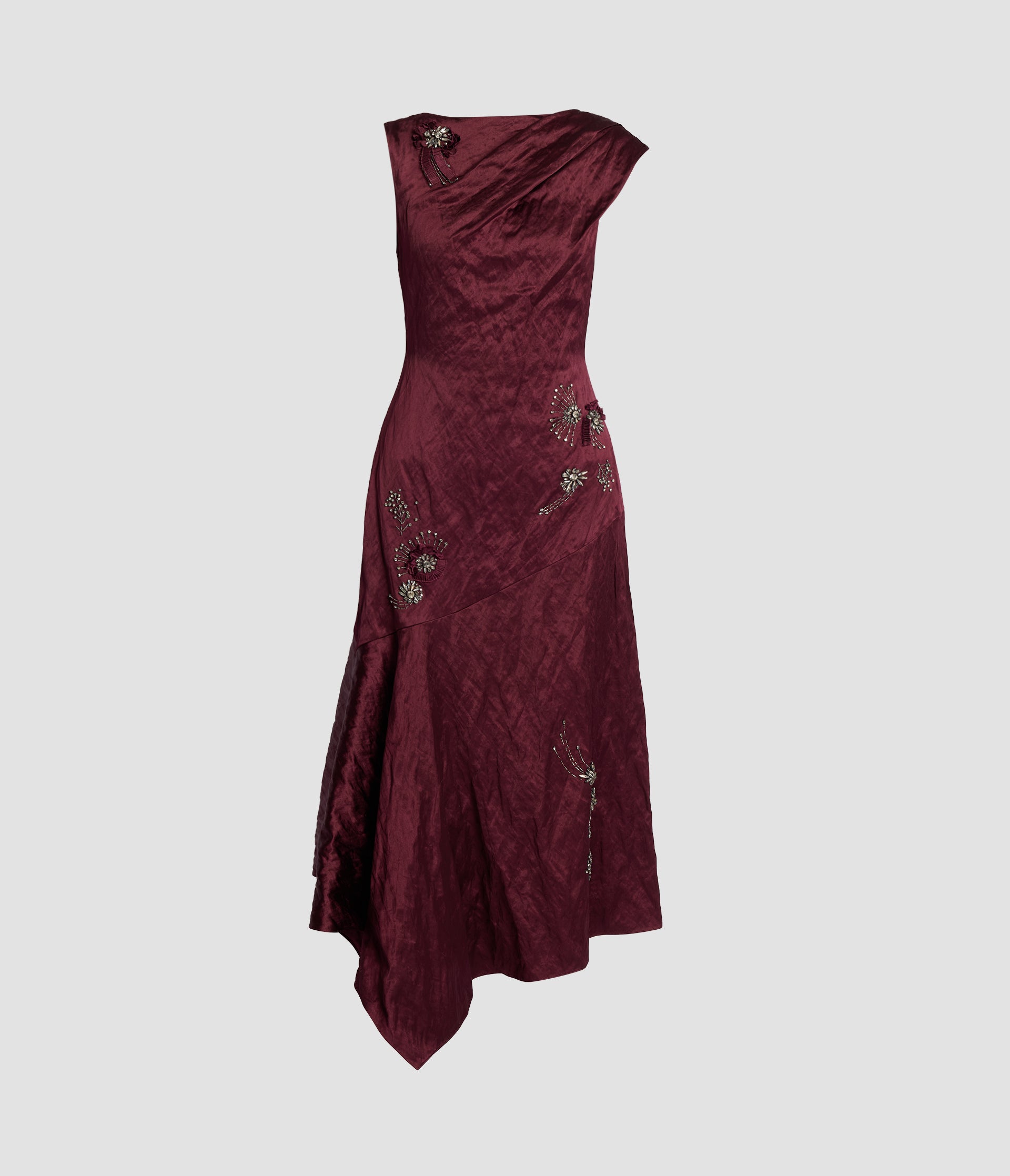 Embroidered Textured Satin Asymmetric Midi Dress