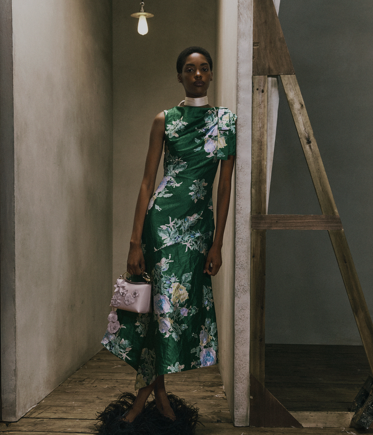 Floral Print Textured Satin Midi Dress