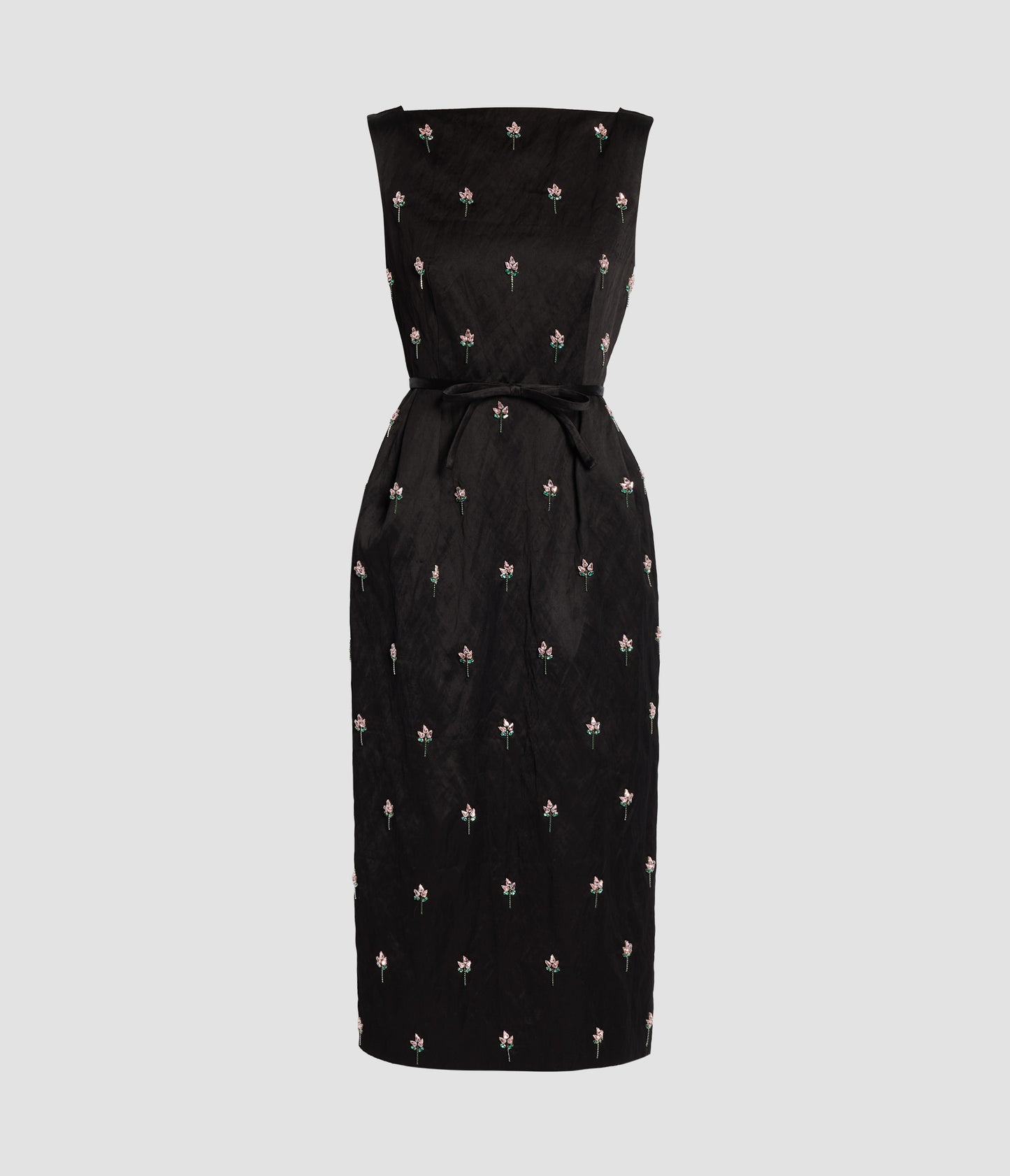 Embroidered Textured Satin Sleeveless Midi Dress
