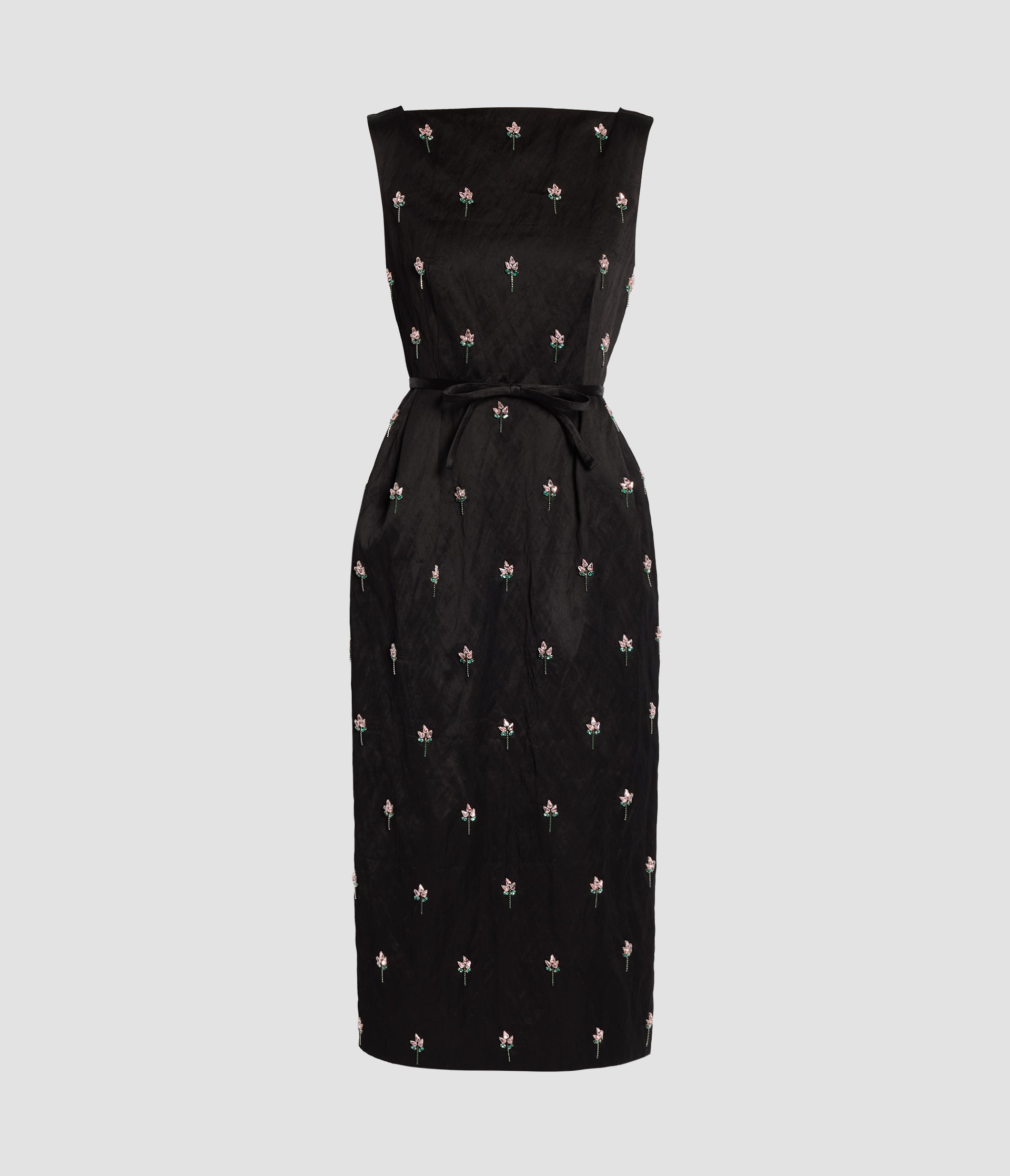 Embroidered Textured Satin Sleeveless Midi Dress