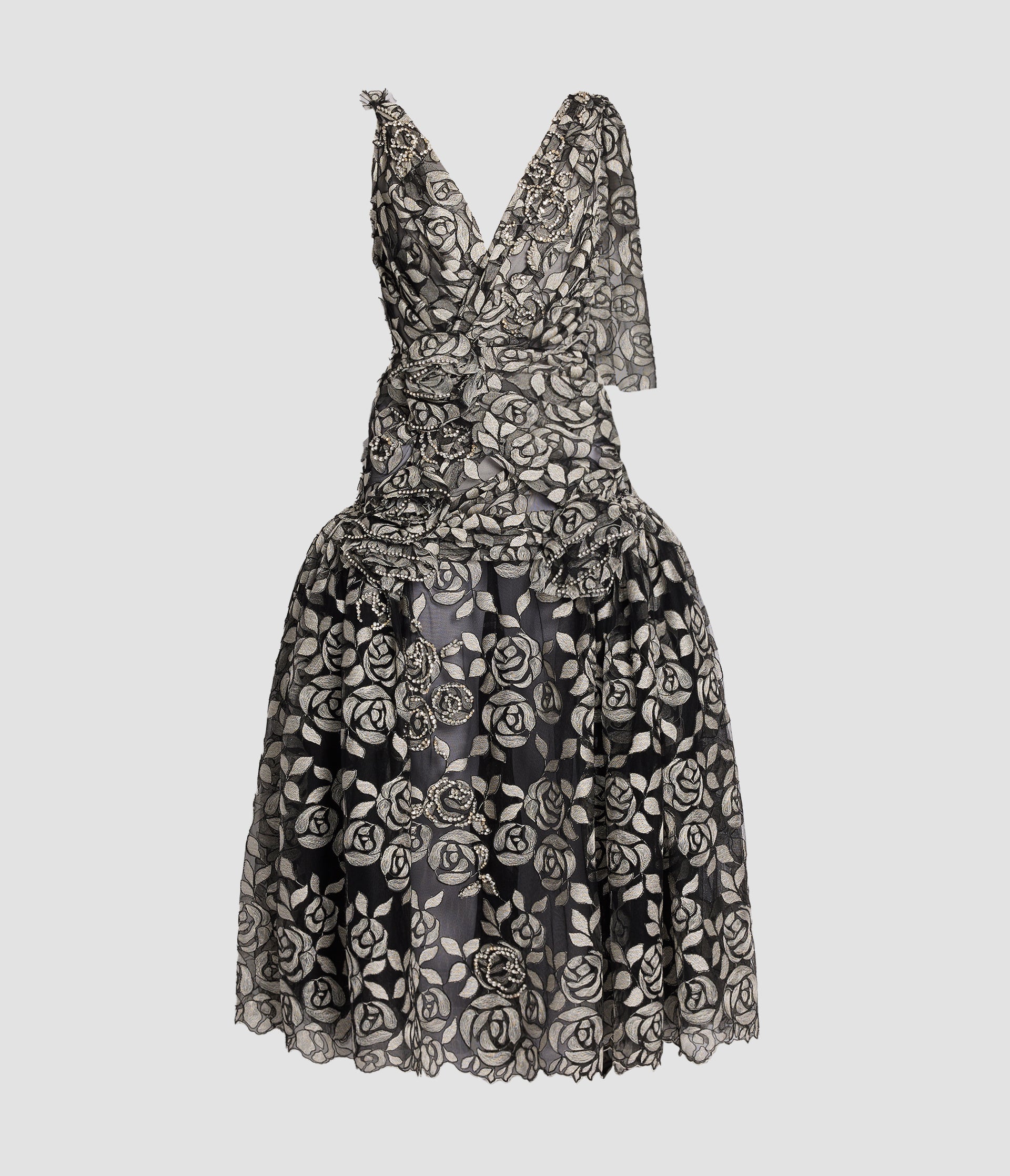 Rose Embroidered Tulle Midi Dress