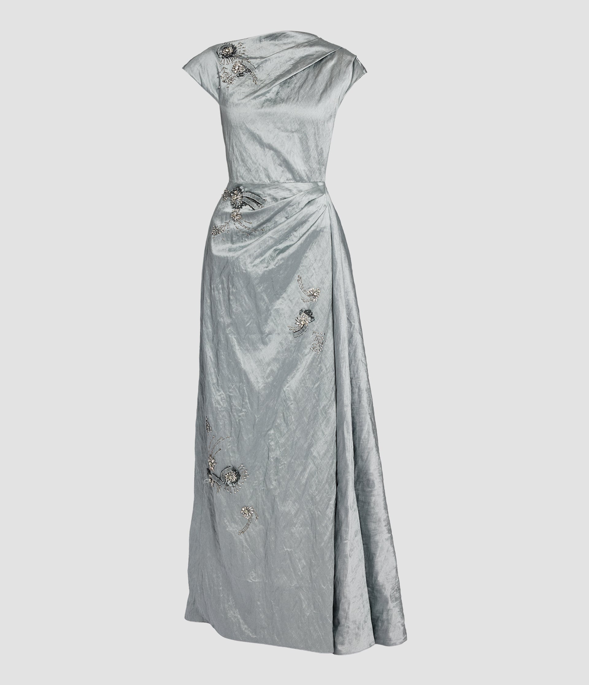 Embroidered Textured Satin Asymmetric Gown