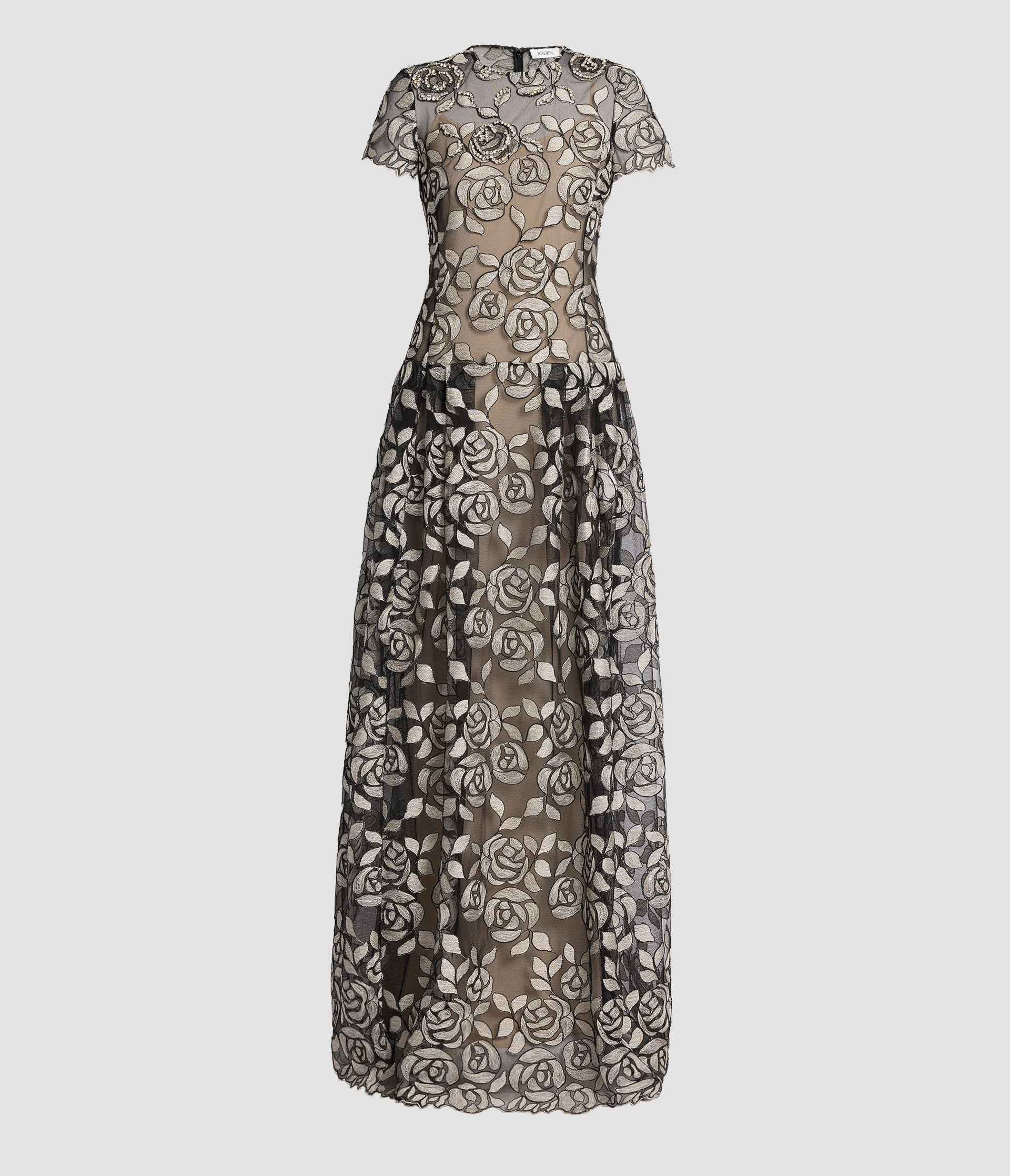 Rose Embroidered Tulle Short Sleeve Gown