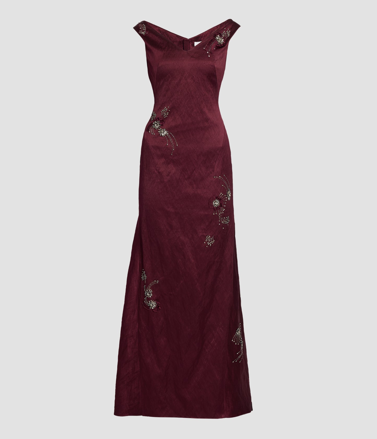 Embroidered Textured Satin Off Shoulder Gown