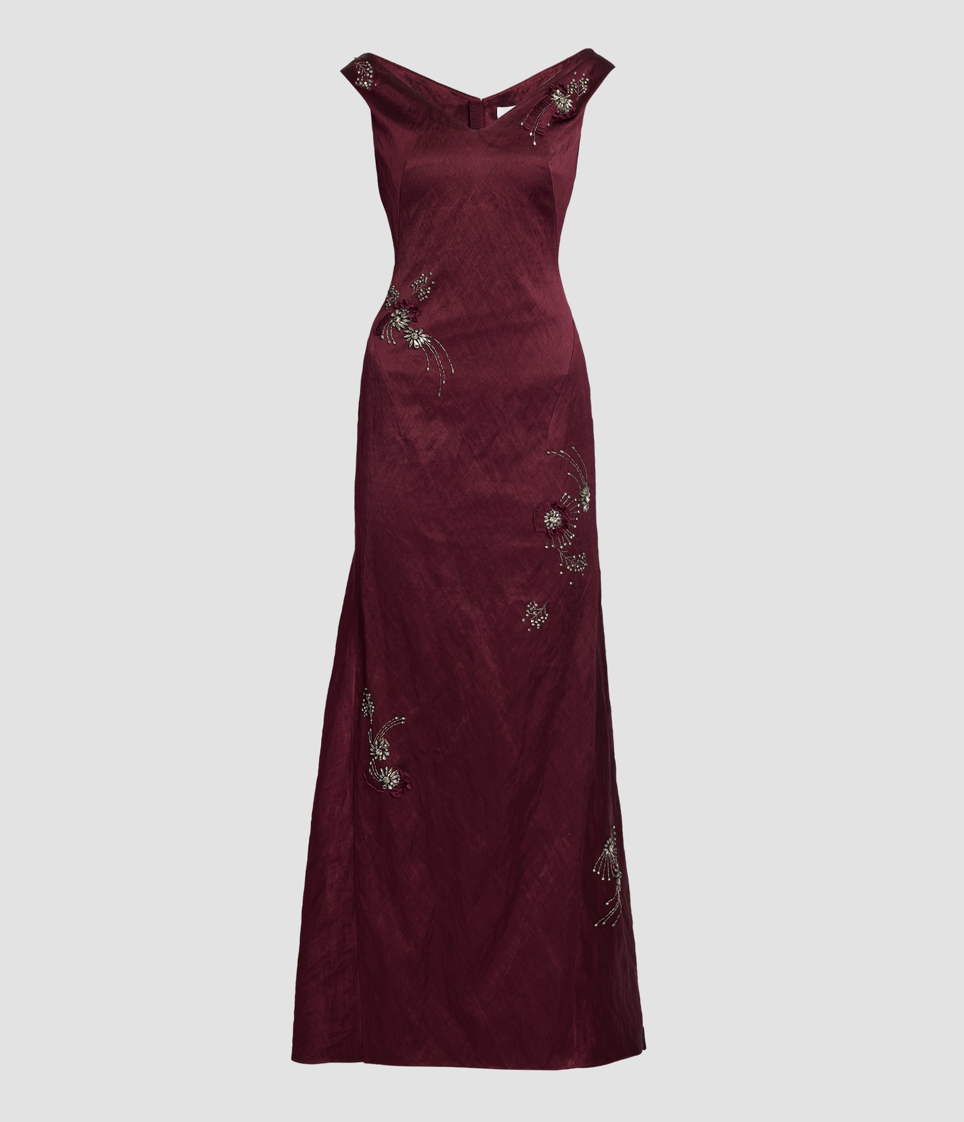 Embroidered Textured Satin Off Shoulder Gown