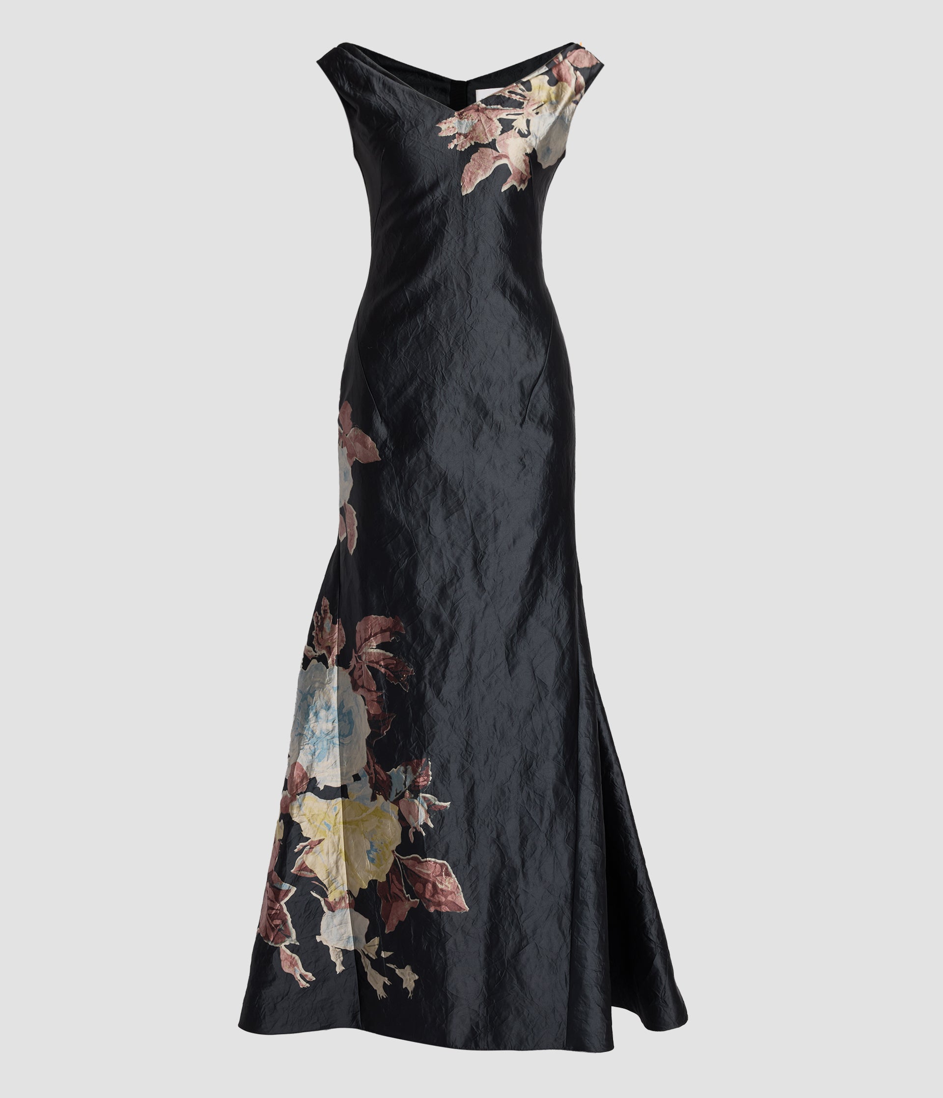 Floral Textured Satin Sleeveless Gown