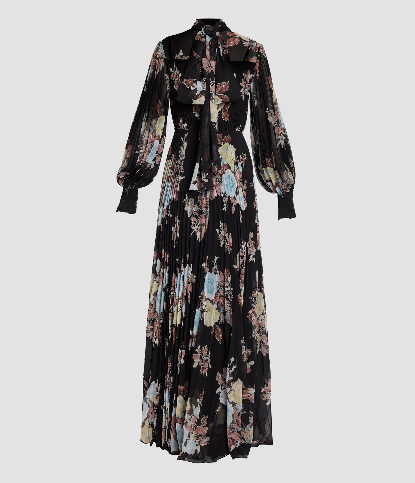 Floral Pleated Voile Long Sleeve Gown